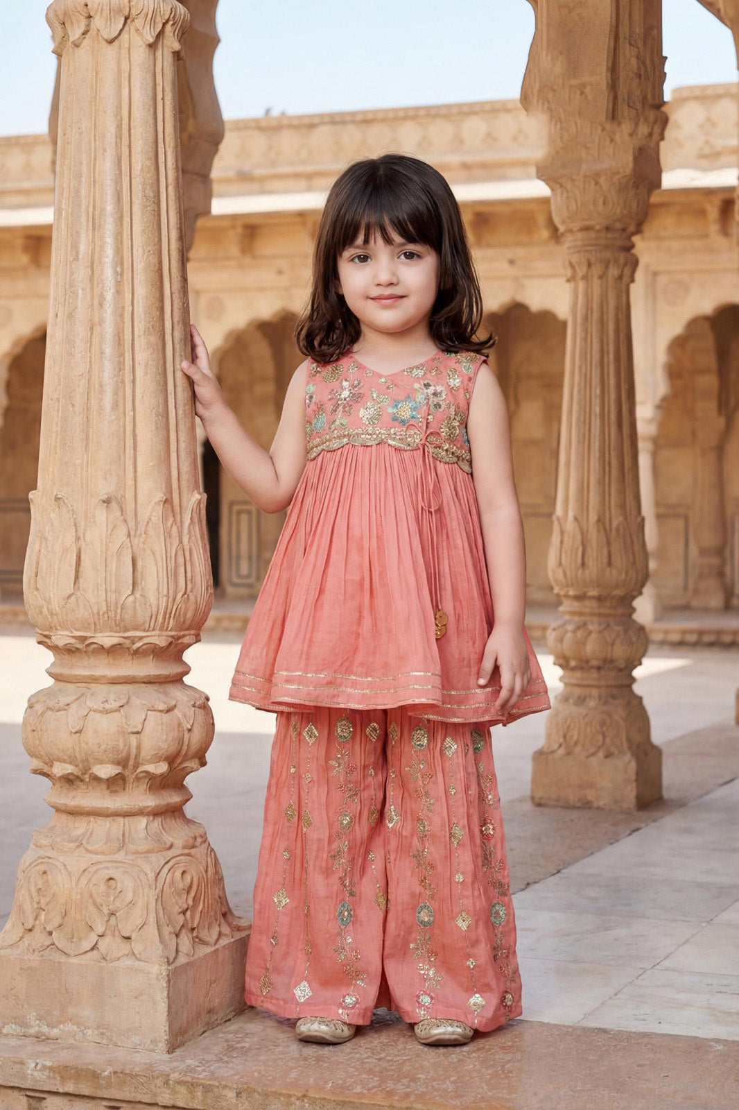 Peach Crushed Fabric Multicolour Floral Embroidered Kurti & Palazzo Set for Girls