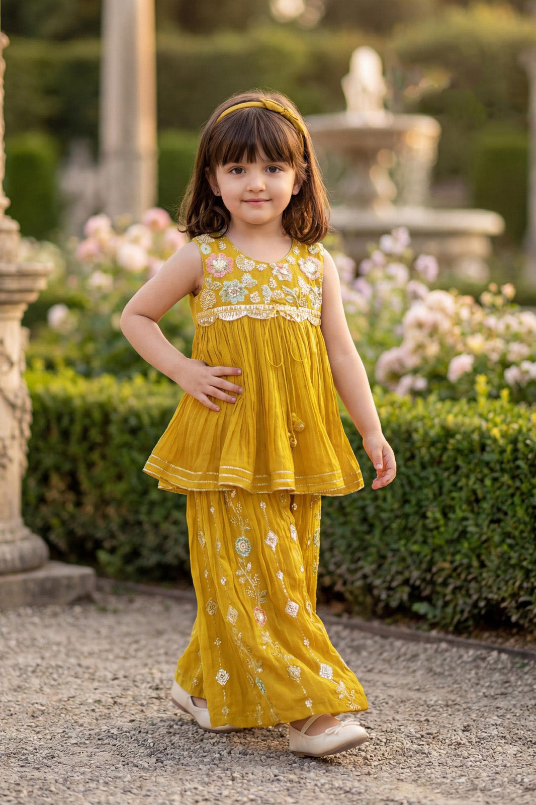 Mustard Yellow Crushed Fabric Multicolour Floral Embroidered Kurti & Palazzo Set for Girls