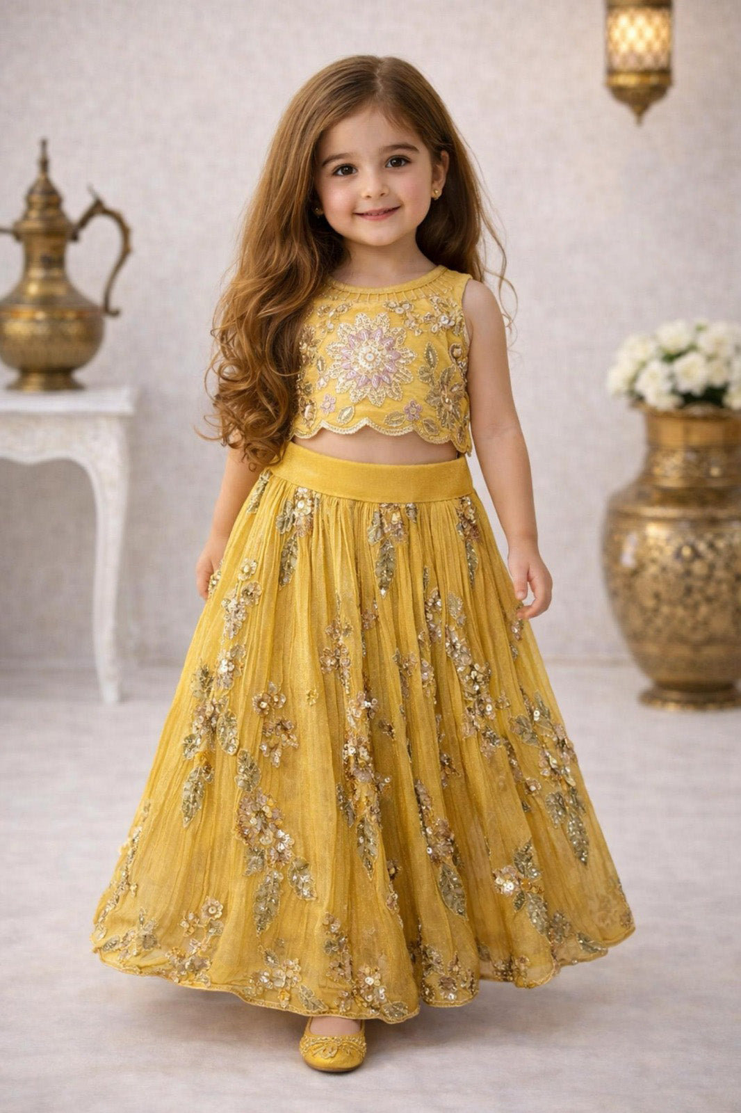 Mustard Yellow Sequin Floral Embroidered Crop Choli & Lehenga Set for Girls