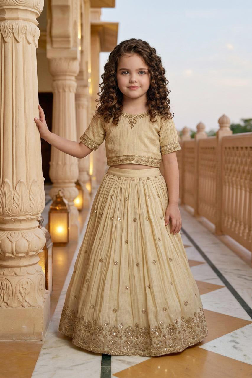 Champagne Gold Crushed Fabric Sequin Embroidered Crop Choli & Lehenga Set for Girls