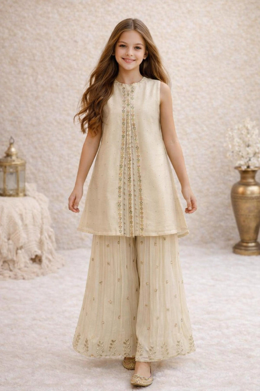 Cream Shimmer Fabric Floral Embroidered Kurti & Palazzo Set for Girls
