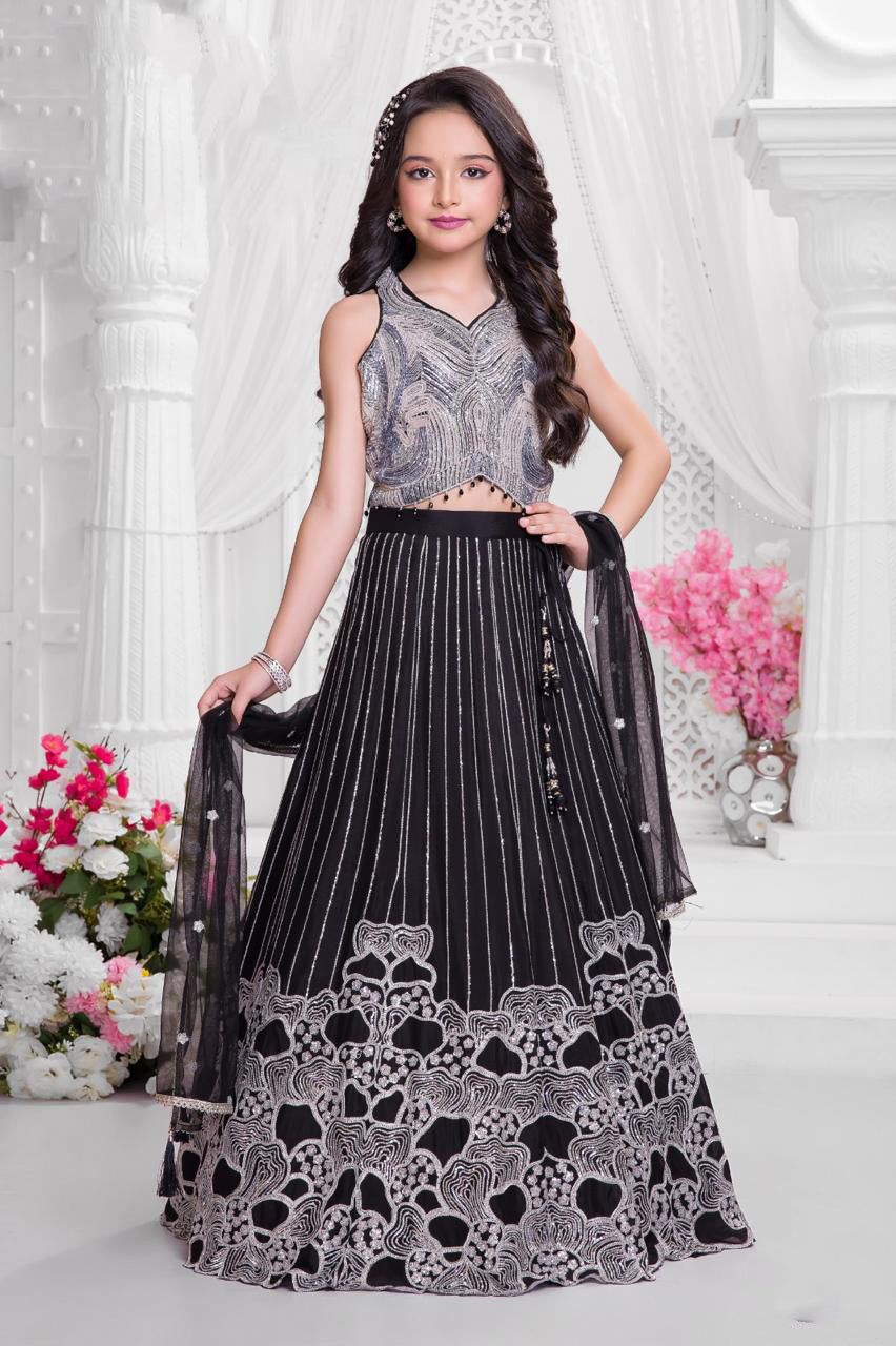 Black Silver Sequin Embroidered Halter Crop Choli & Lehenga Set for Girls