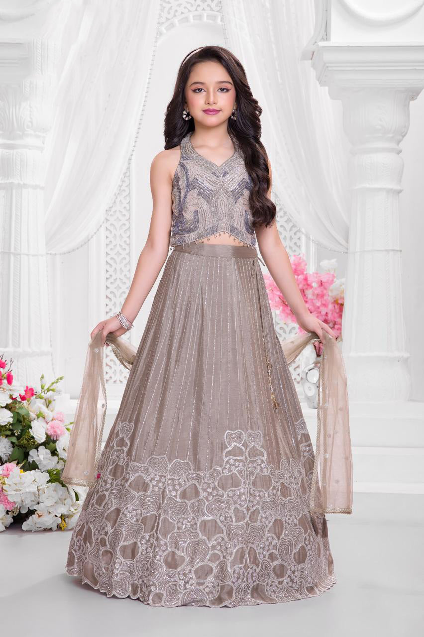 Grey Silver Sequin Embroidered Halter Crop Choli & Lehenga Set for Girls