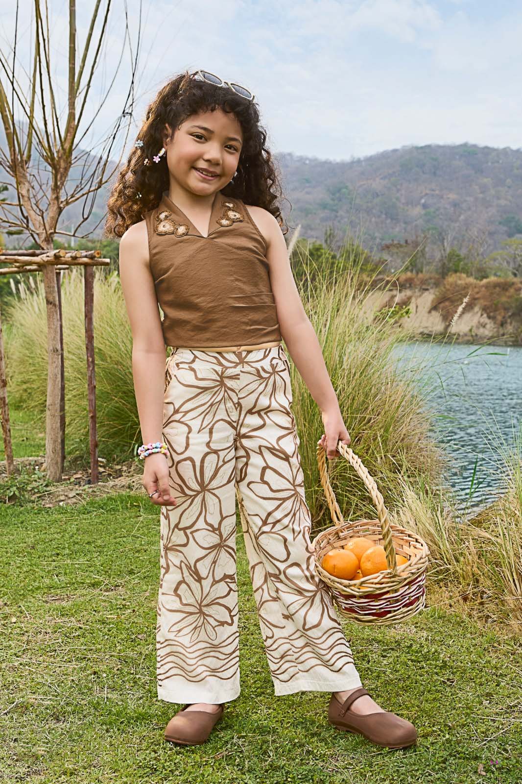 Brown Floral Crochet Neck Top & Cream Wide-Leg Pants Set for Girls