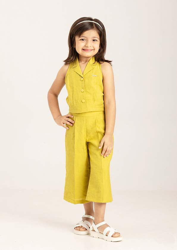 Lime Yellow Sleeveless Blazer Top & Culottes Set for Girls