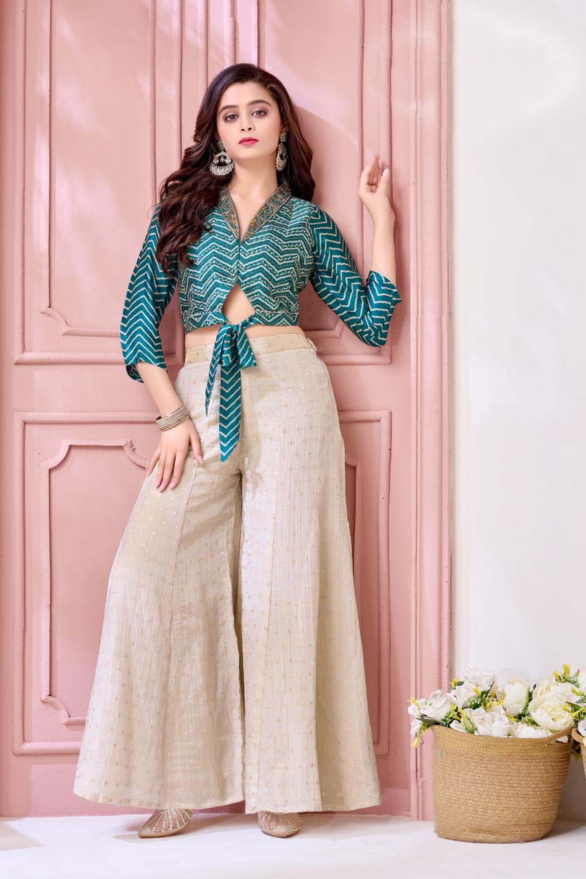 Teal Leheriya Print Tie-Front Crop Top & Cream Buti Palazzo Set