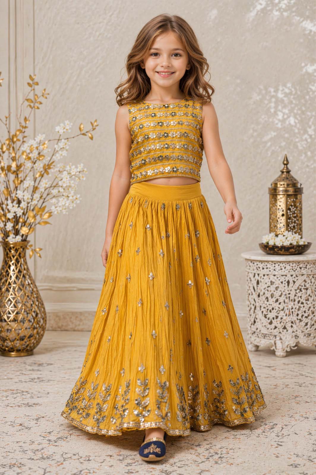 Mustard Floral Stripe Embroidered Crop Choli & Lehenga Set for Girls