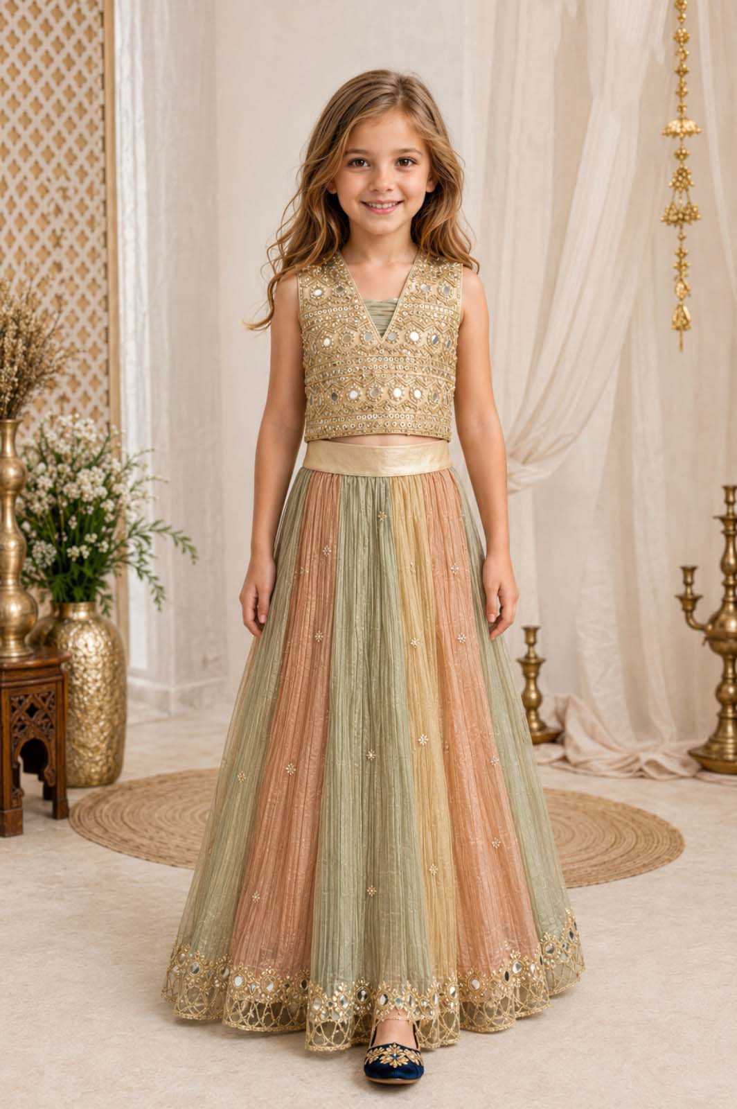Peach & Sage Tissue Lehenga Choli for Girls