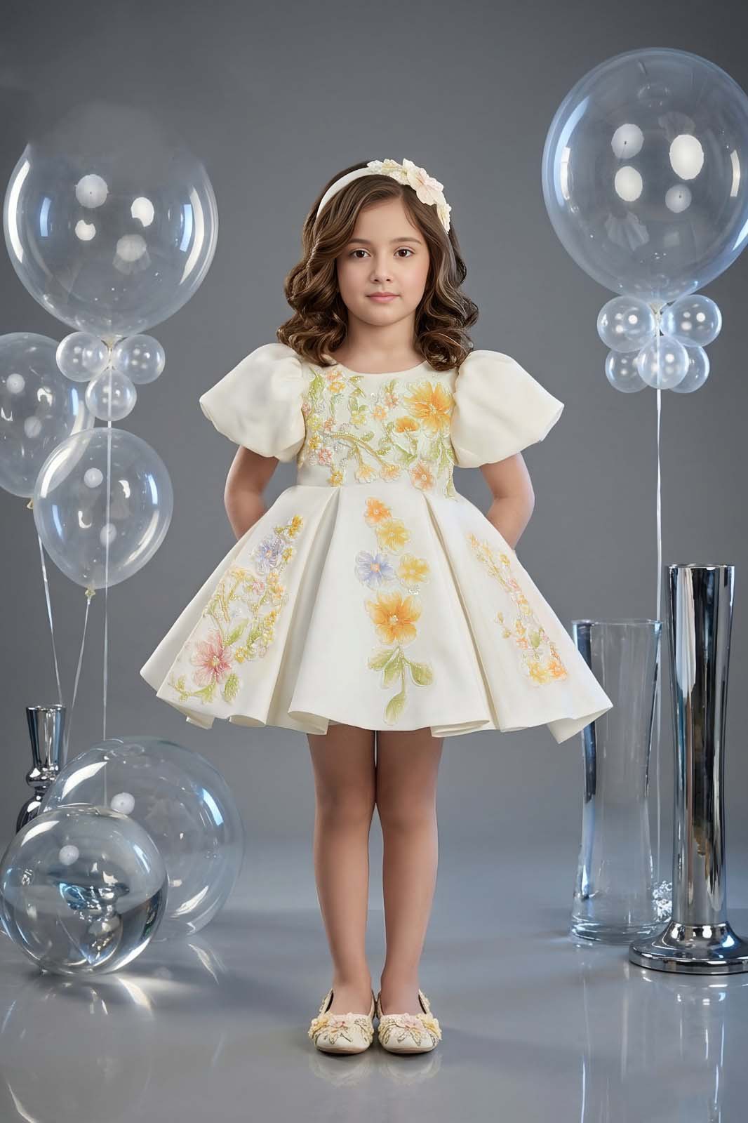 Ivory Floral Embroidered Girls Party Wear Frock