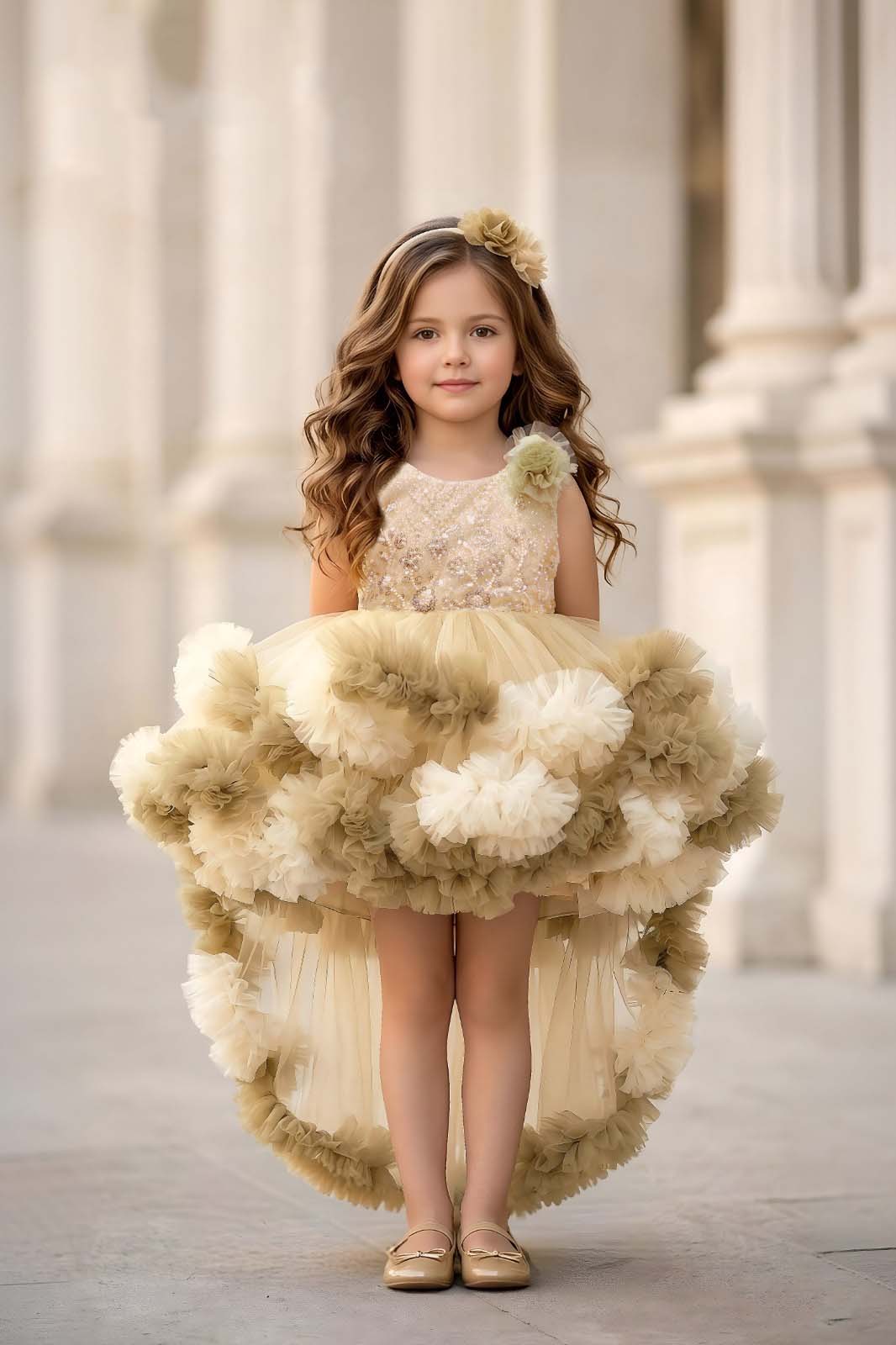 Champagne Ruffle High-Low Girls Party Wear Frock