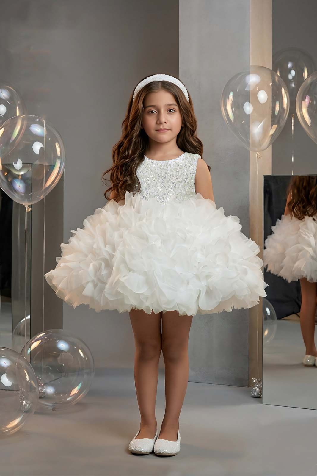 White Sequin & Ruffle Girls Party Wear Frock