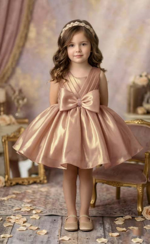 Rose Gold Satin Bow Girls Party Wear Frock