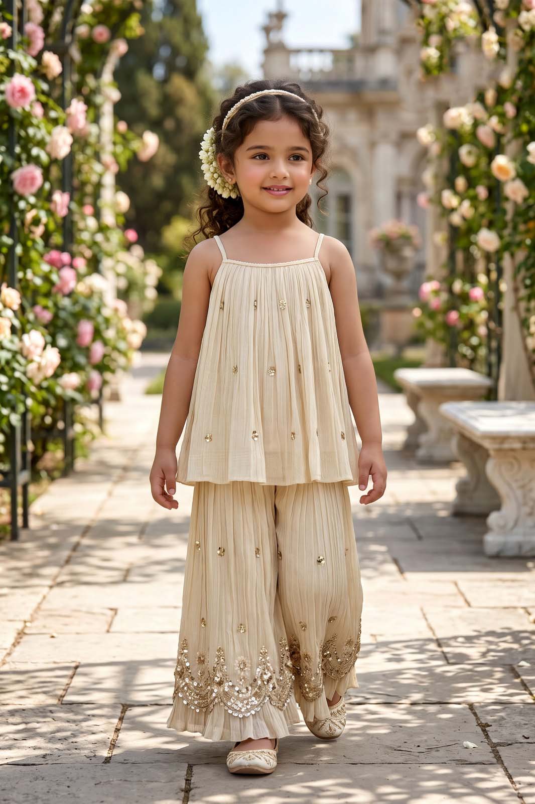 Ivory Shimmer Palazzo Set with Sequin Embellishments