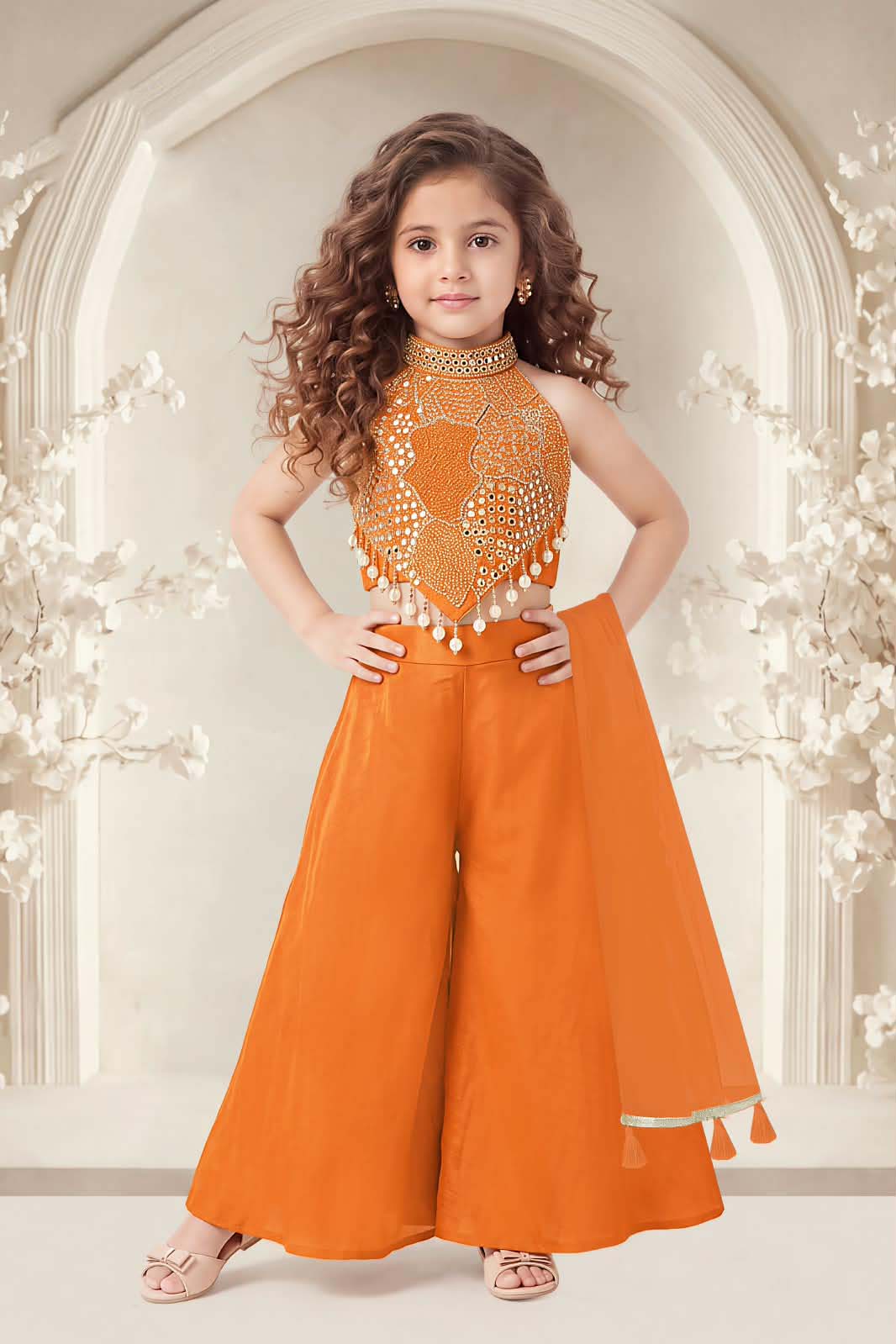 Bright Orange Palazzo Set for Girls