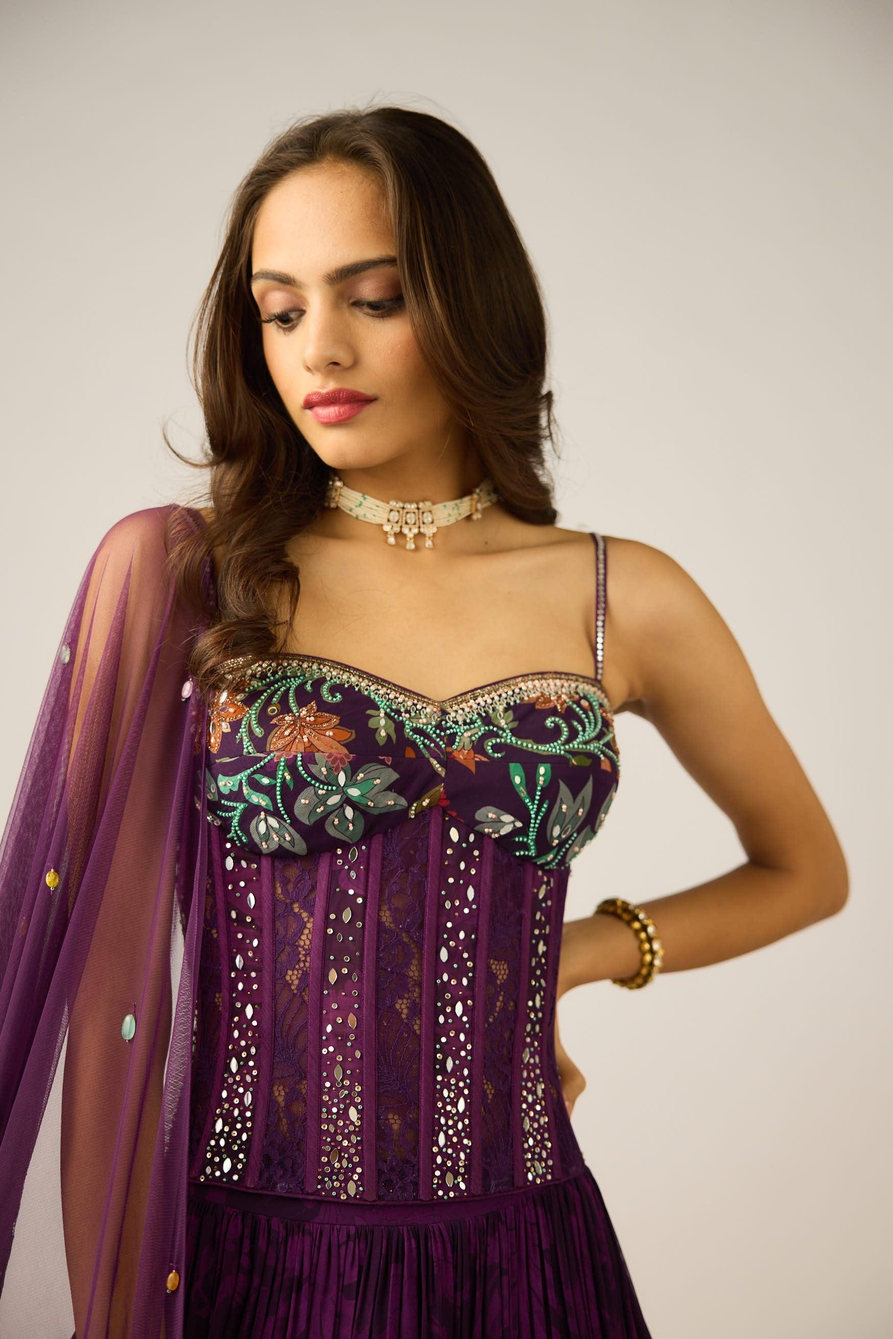 Purple Georgette Embroidered Lehenga Set.