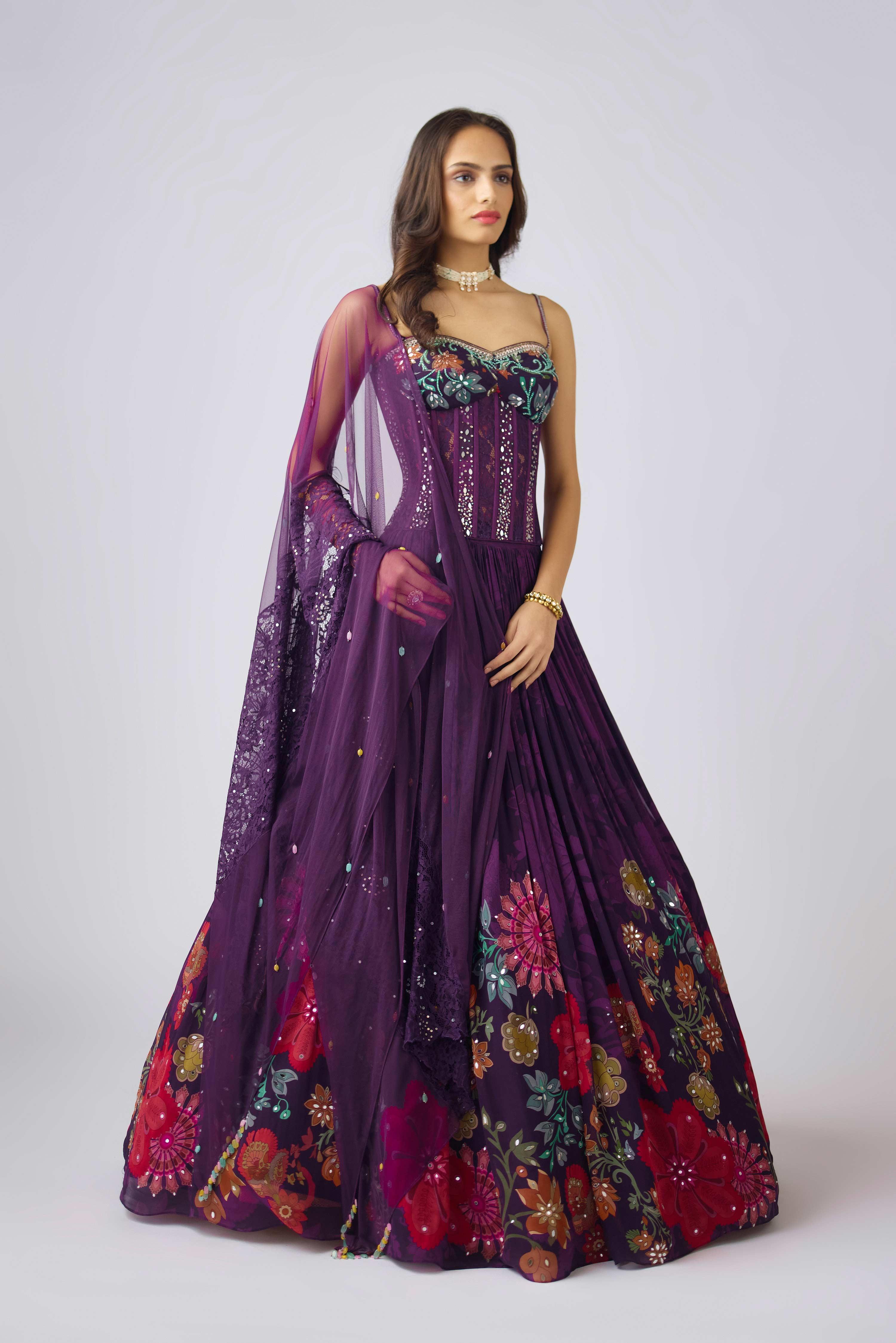 Purple Georgette Embroidered Lehenga Set.