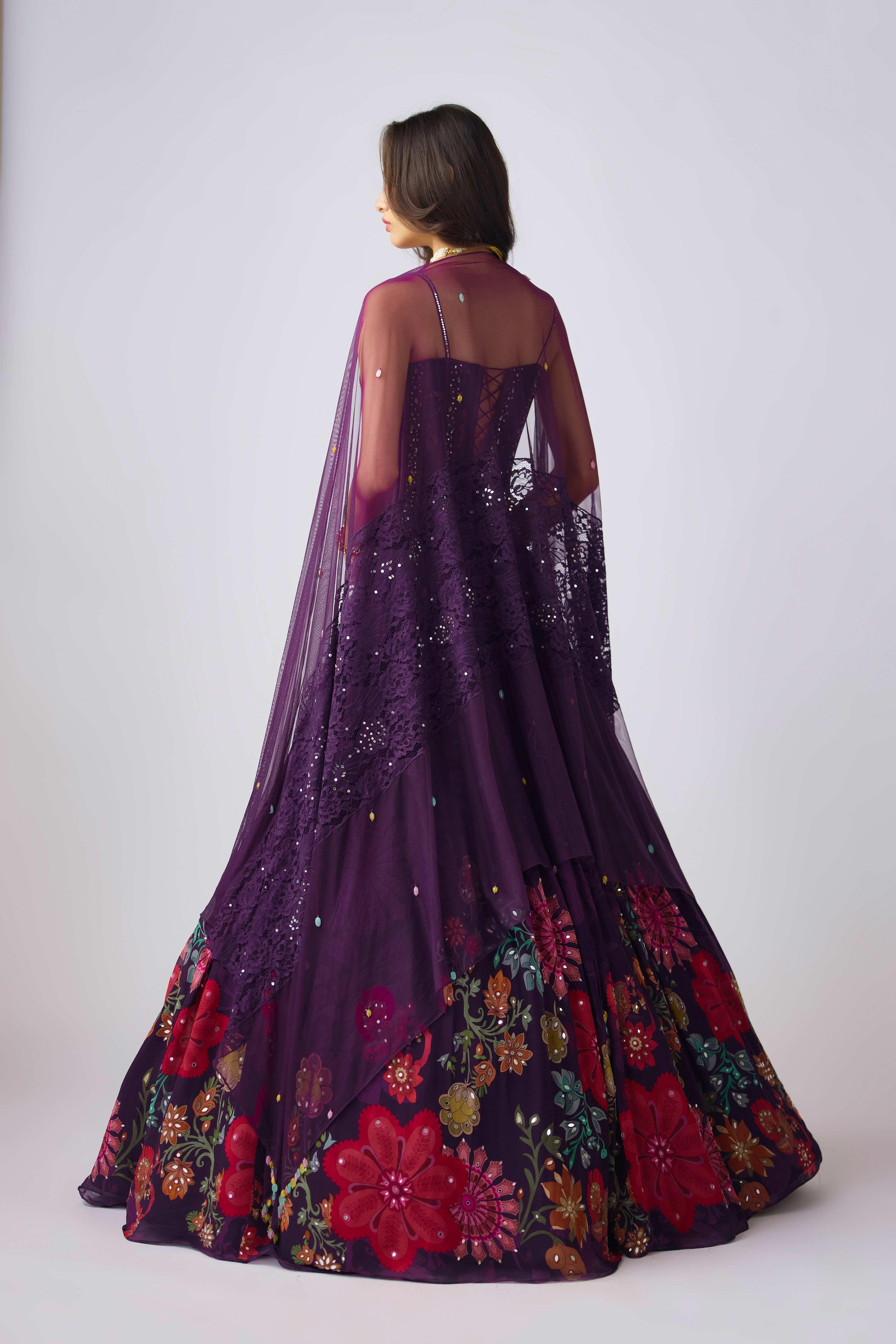 Purple Georgette Embroidered Lehenga Set.