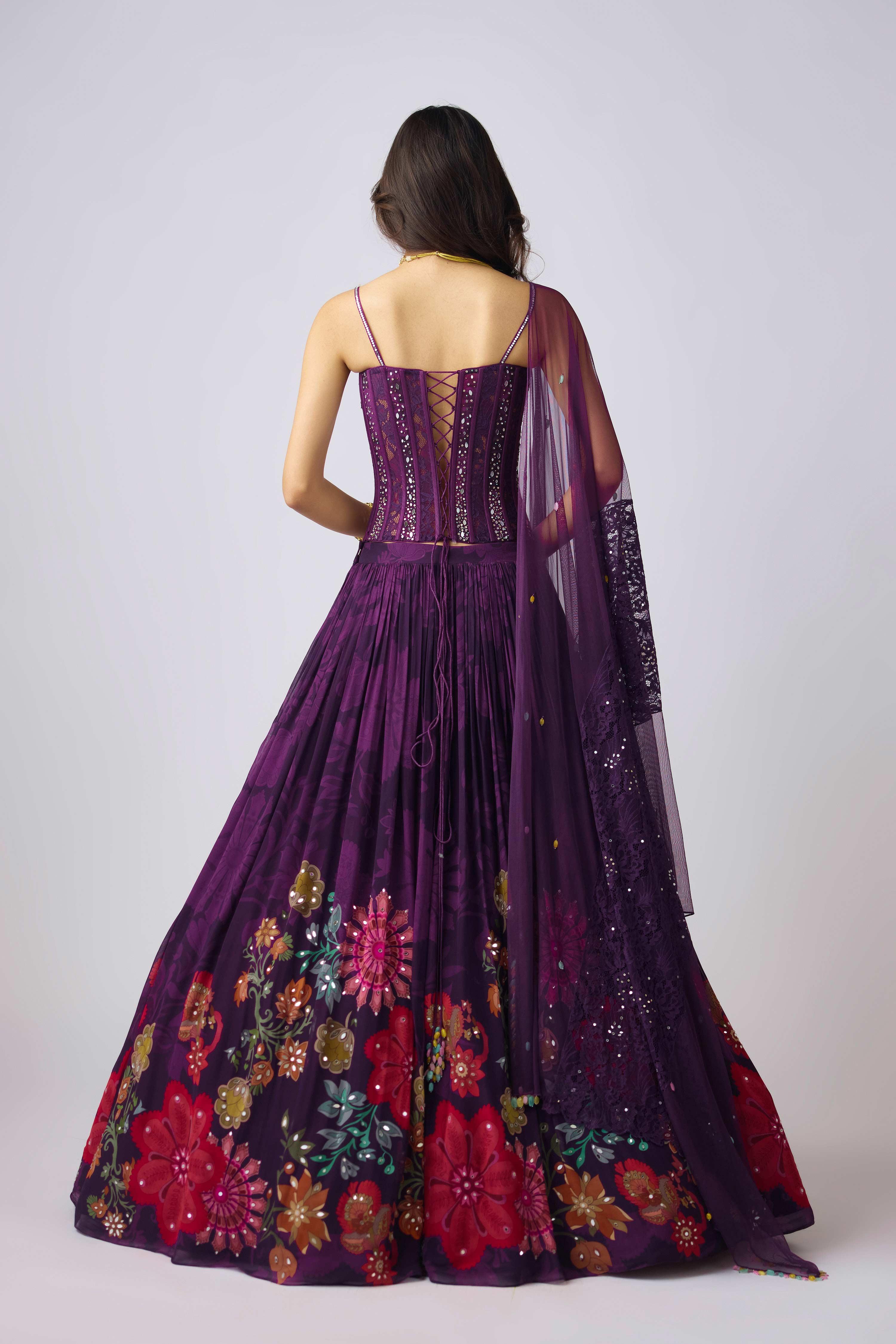 Purple Georgette Embroidered Lehenga Set.