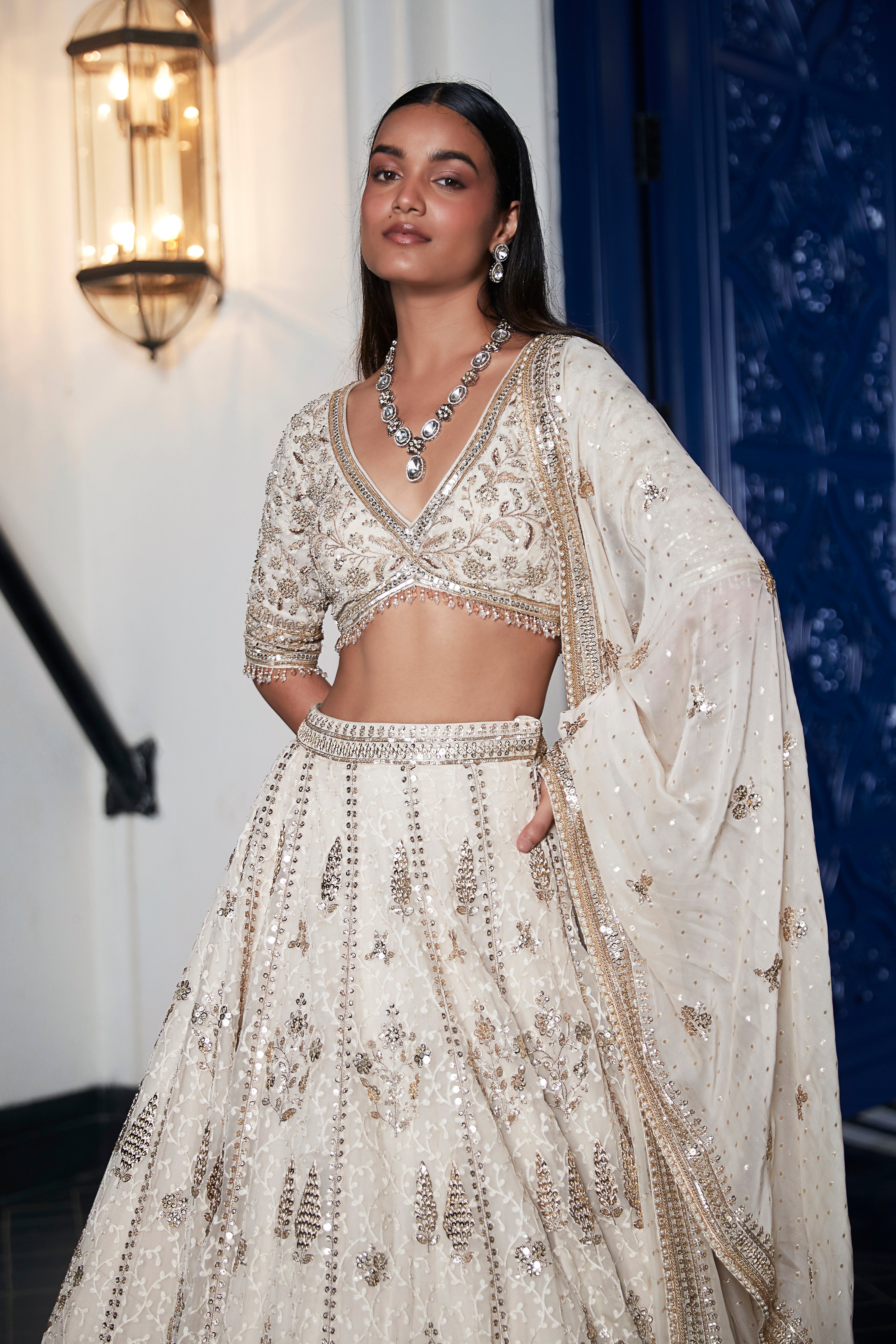 Ivory Organza Embroidered Lehenga Set - Mokshaa