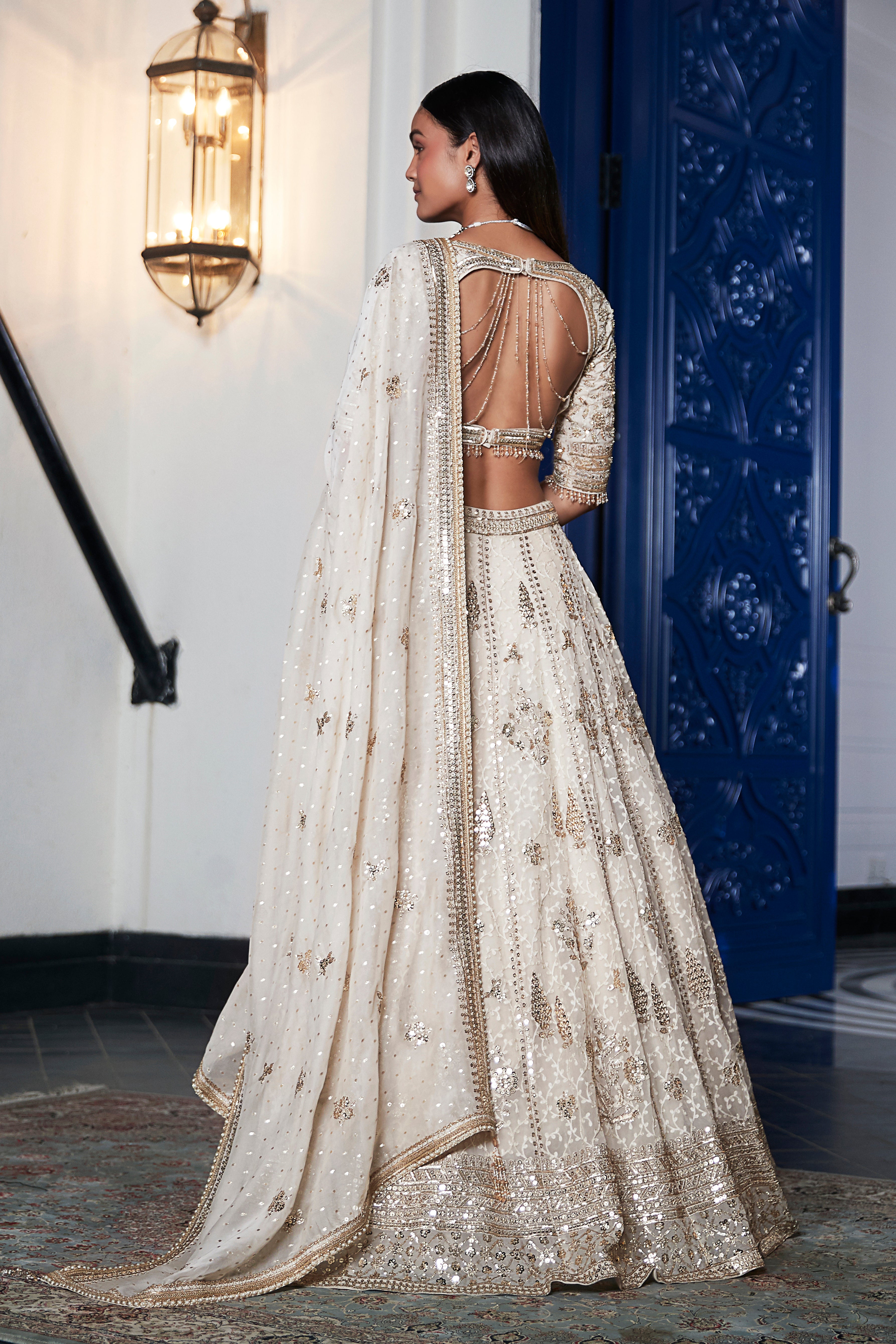 Ivory Organza Embroidered Lehenga Set - Mokshaa