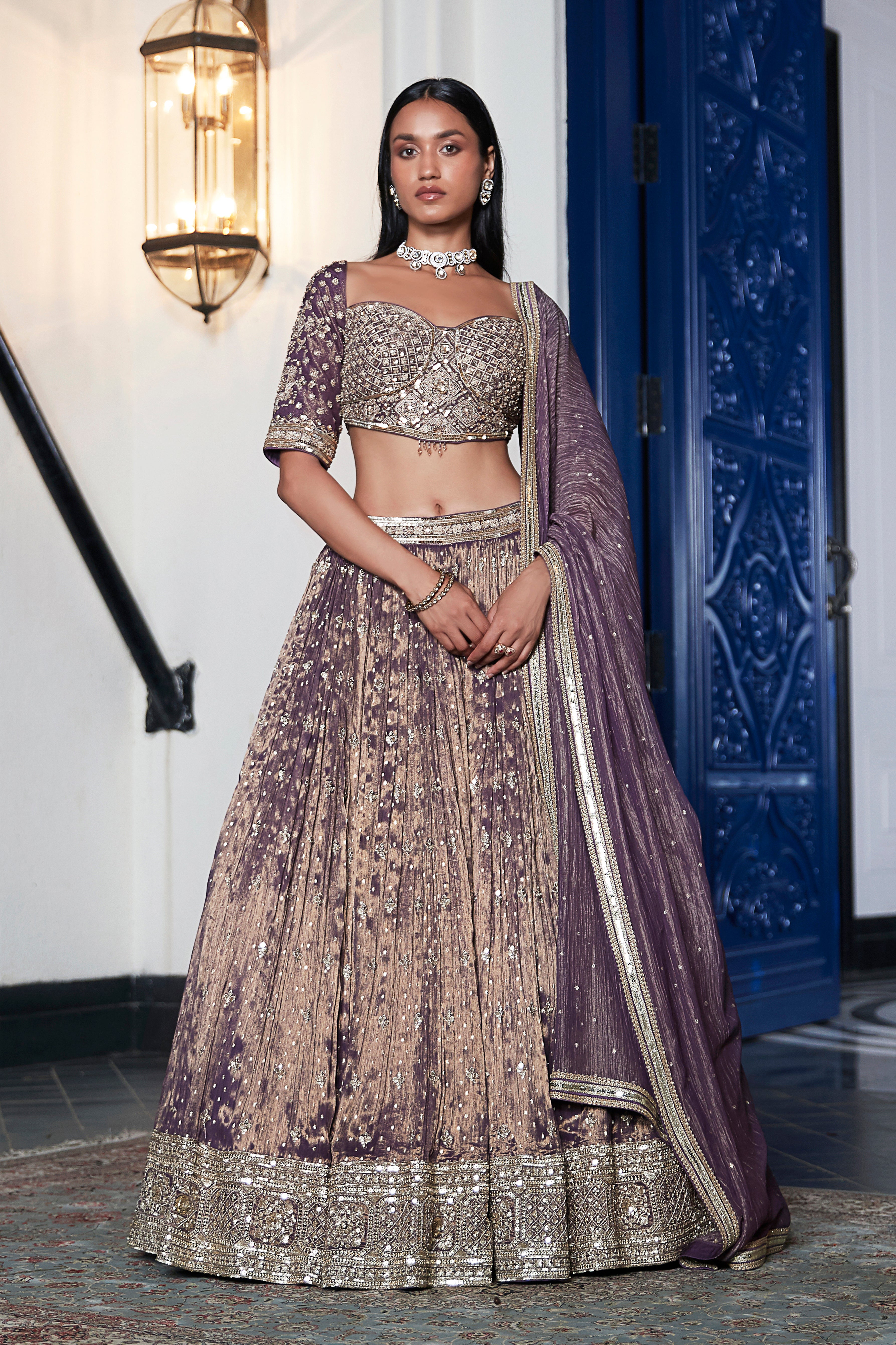 Purple Tissue Embroidered Lehenga Set - Mokshaa