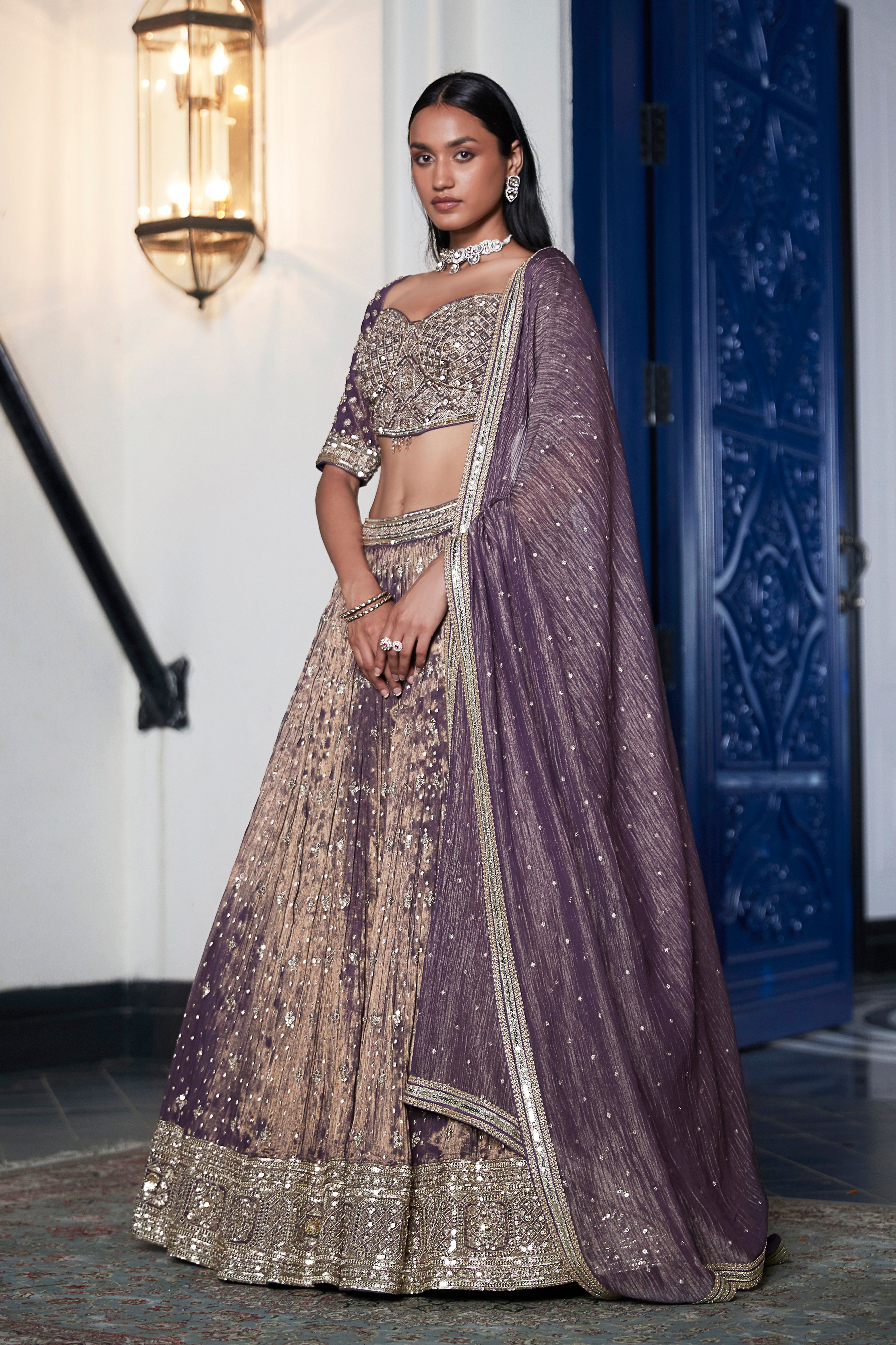 Purple Tissue Embroidered Lehenga Set - Mokshaa