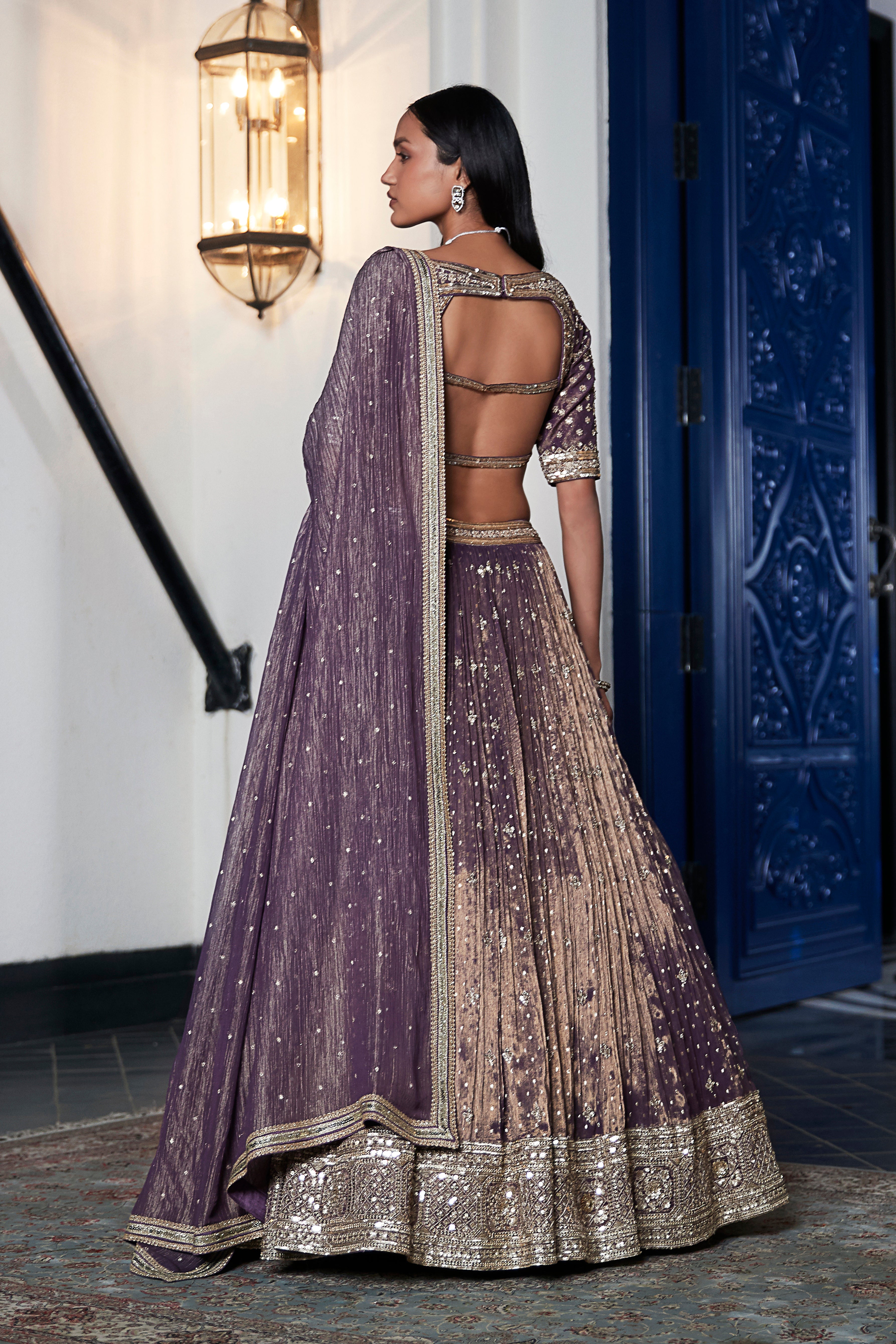 Purple Tissue Embroidered Lehenga Set - Mokshaa