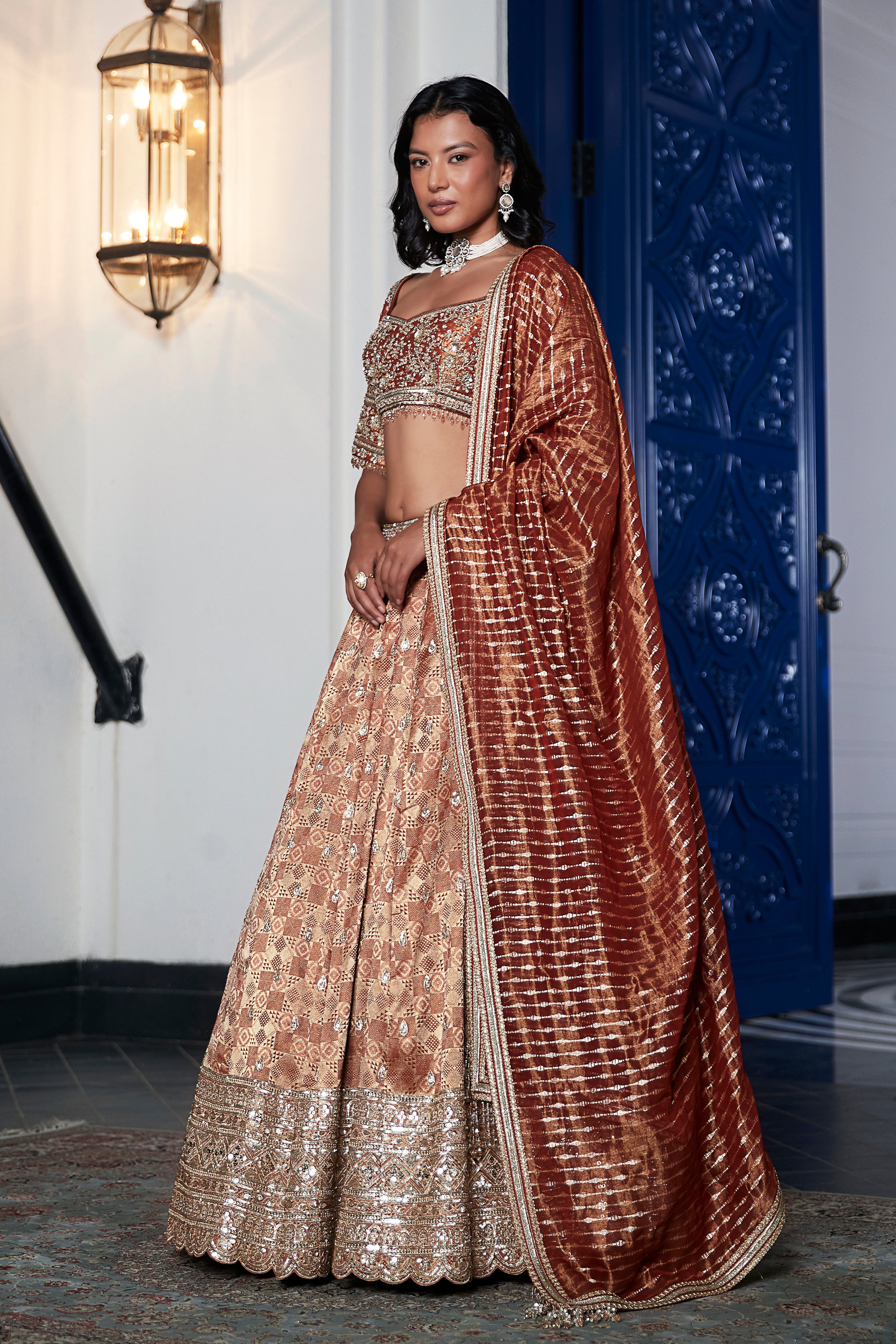 Rust Banarasi Weave Embroidered Lehenga Set - Mokshaa