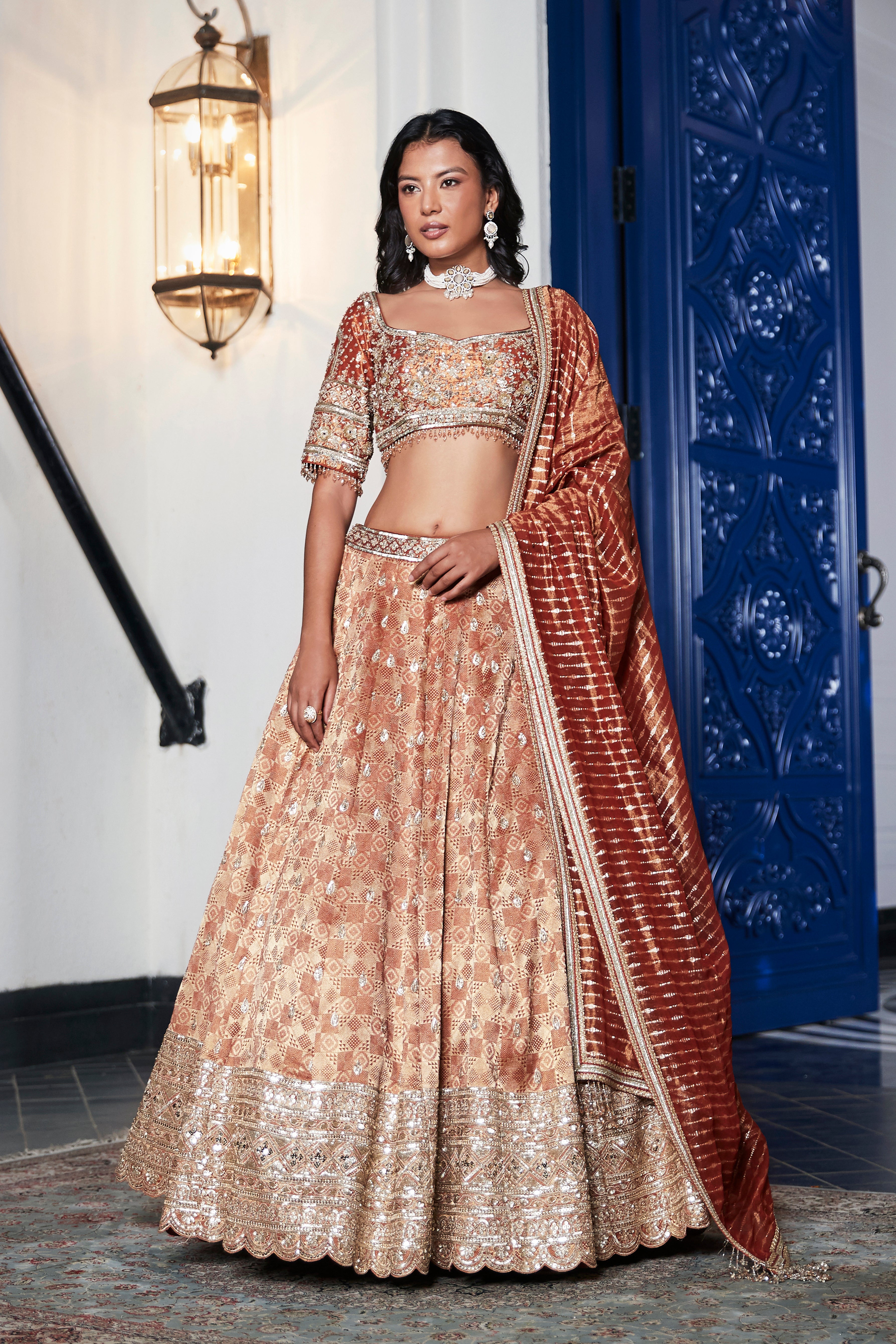 Rust Banarasi Weave Embroidered Lehenga Set - Mokshaa