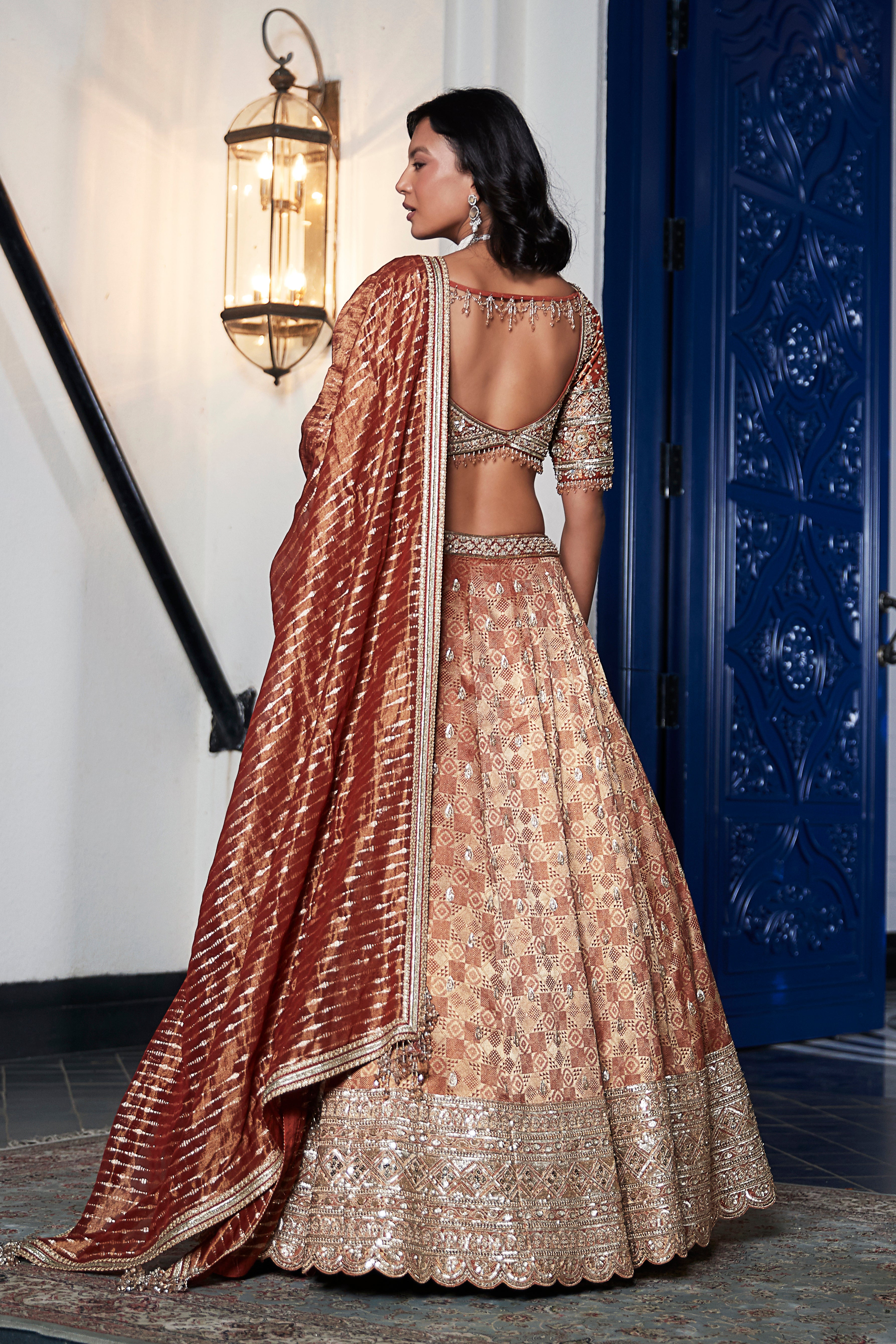 Rust Banarasi Weave Embroidered Lehenga Set - Mokshaa