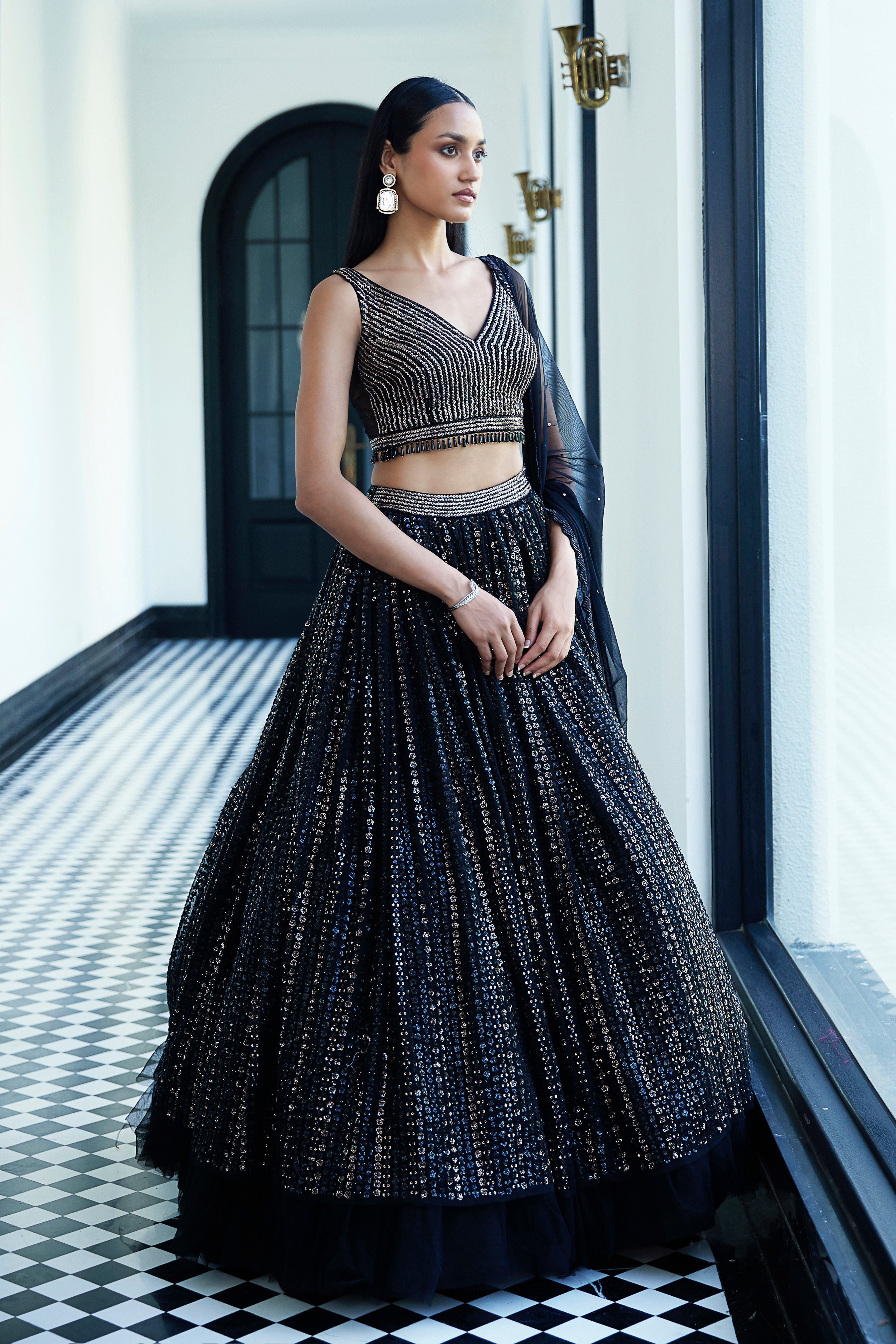 Black Sequins Net Embroidered Lehenga Set - Mokshaa