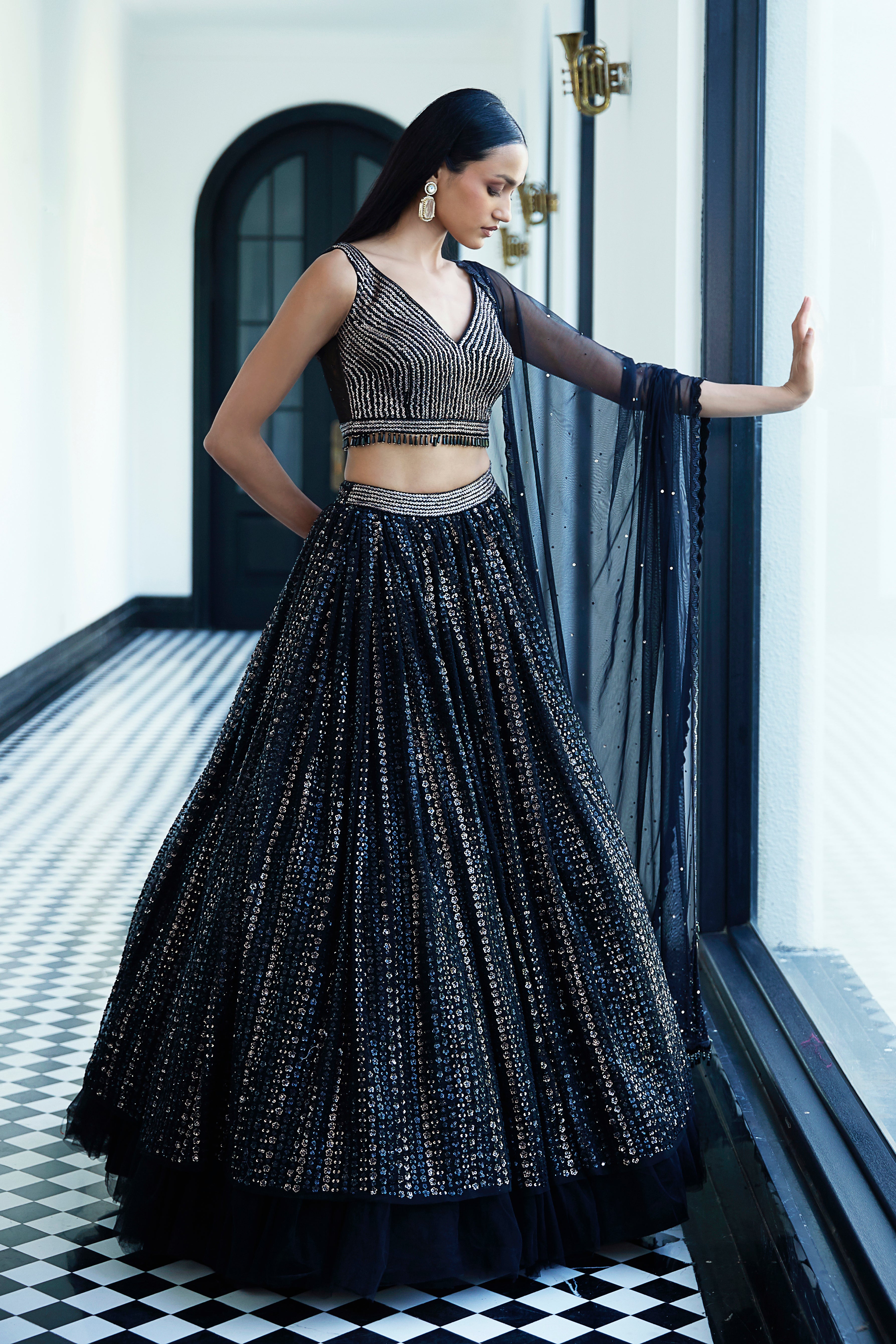 Black Sequins Net Embroidered Lehenga Set - Mokshaa