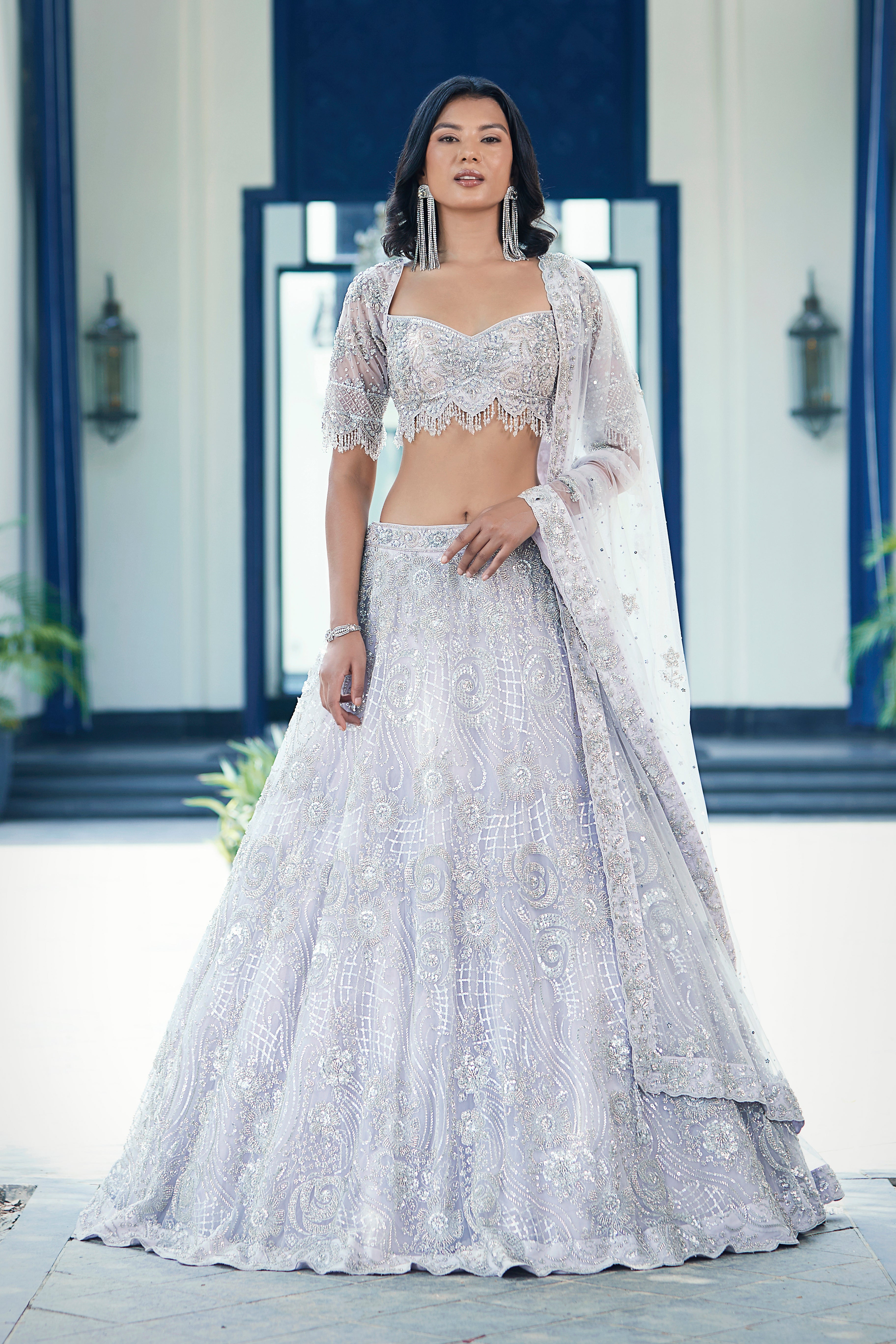 Lilac Embroidered Net Lehenga Set - Mokshaa