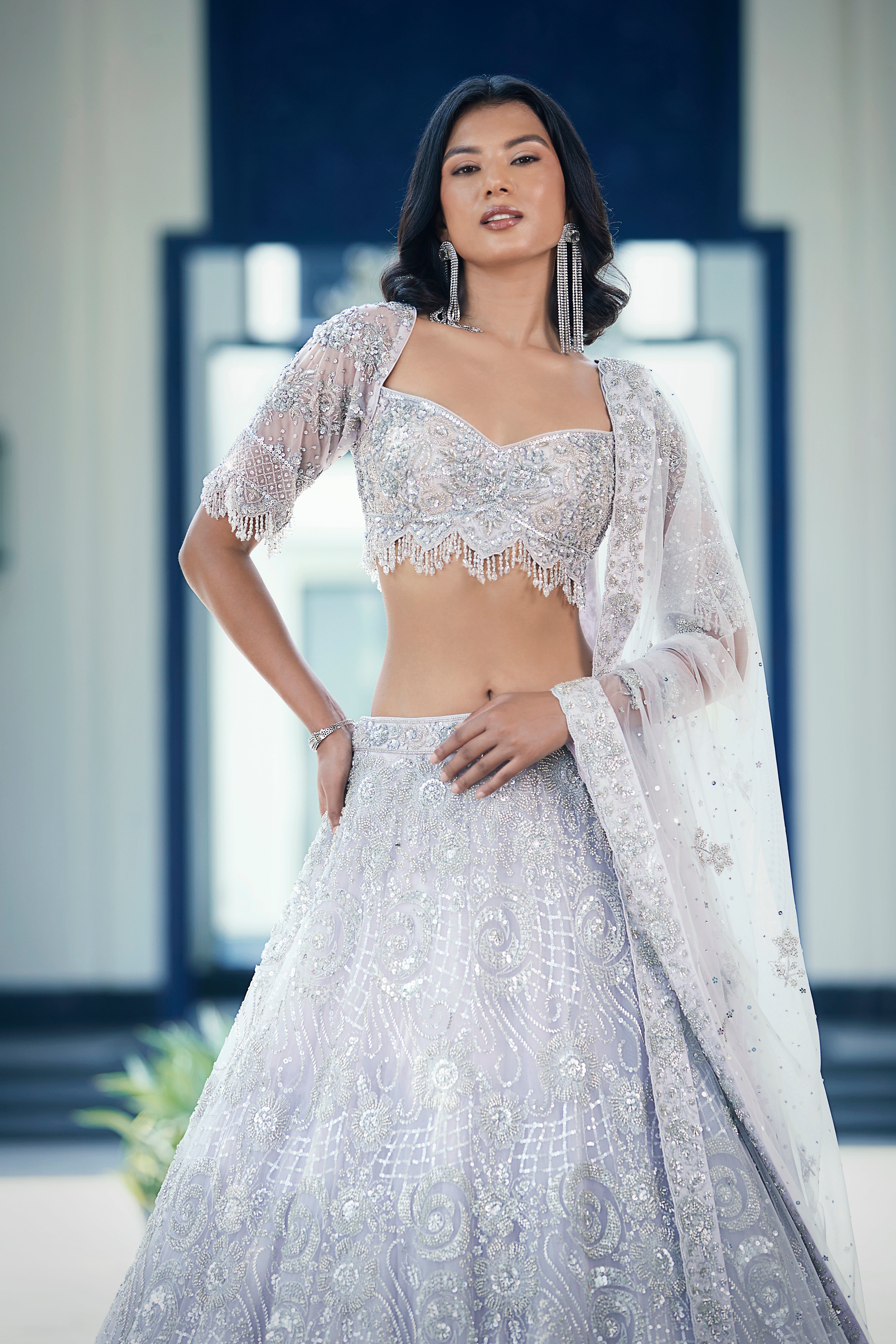 Lilac Embroidered Net Lehenga Set - Mokshaa