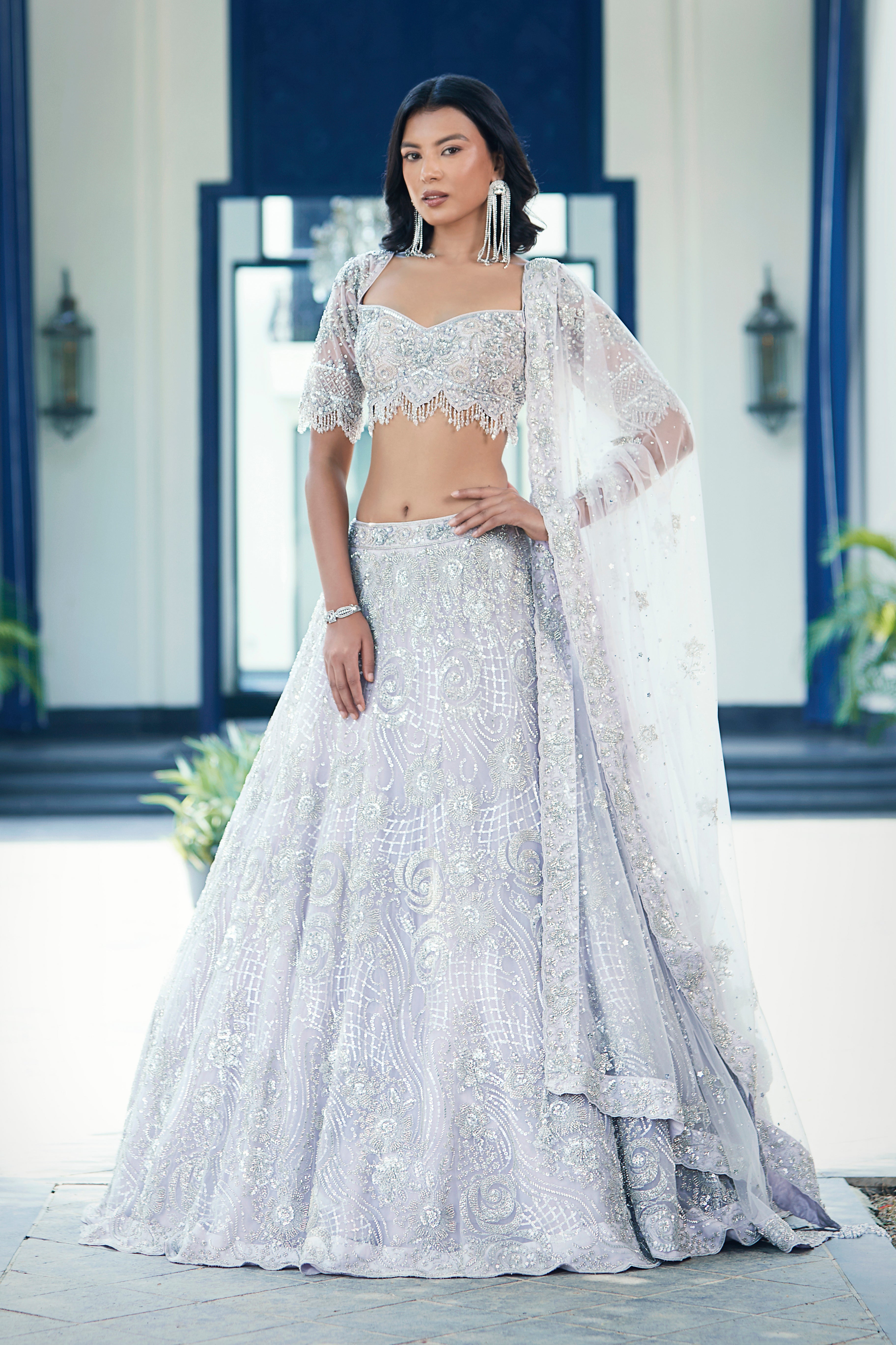 Lilac Embroidered Net Lehenga Set - Mokshaa