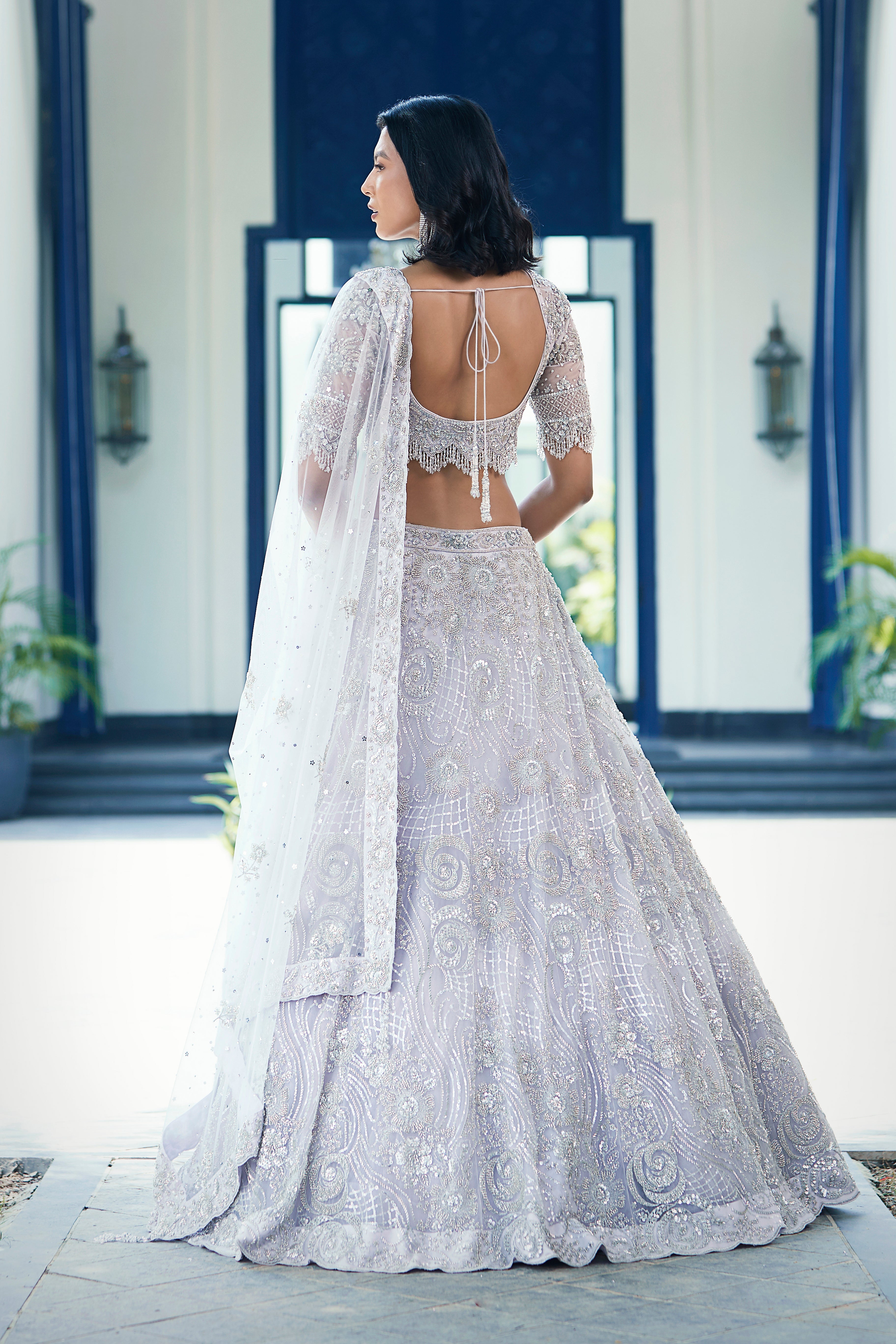 Lilac Embroidered Net Lehenga Set - Mokshaa