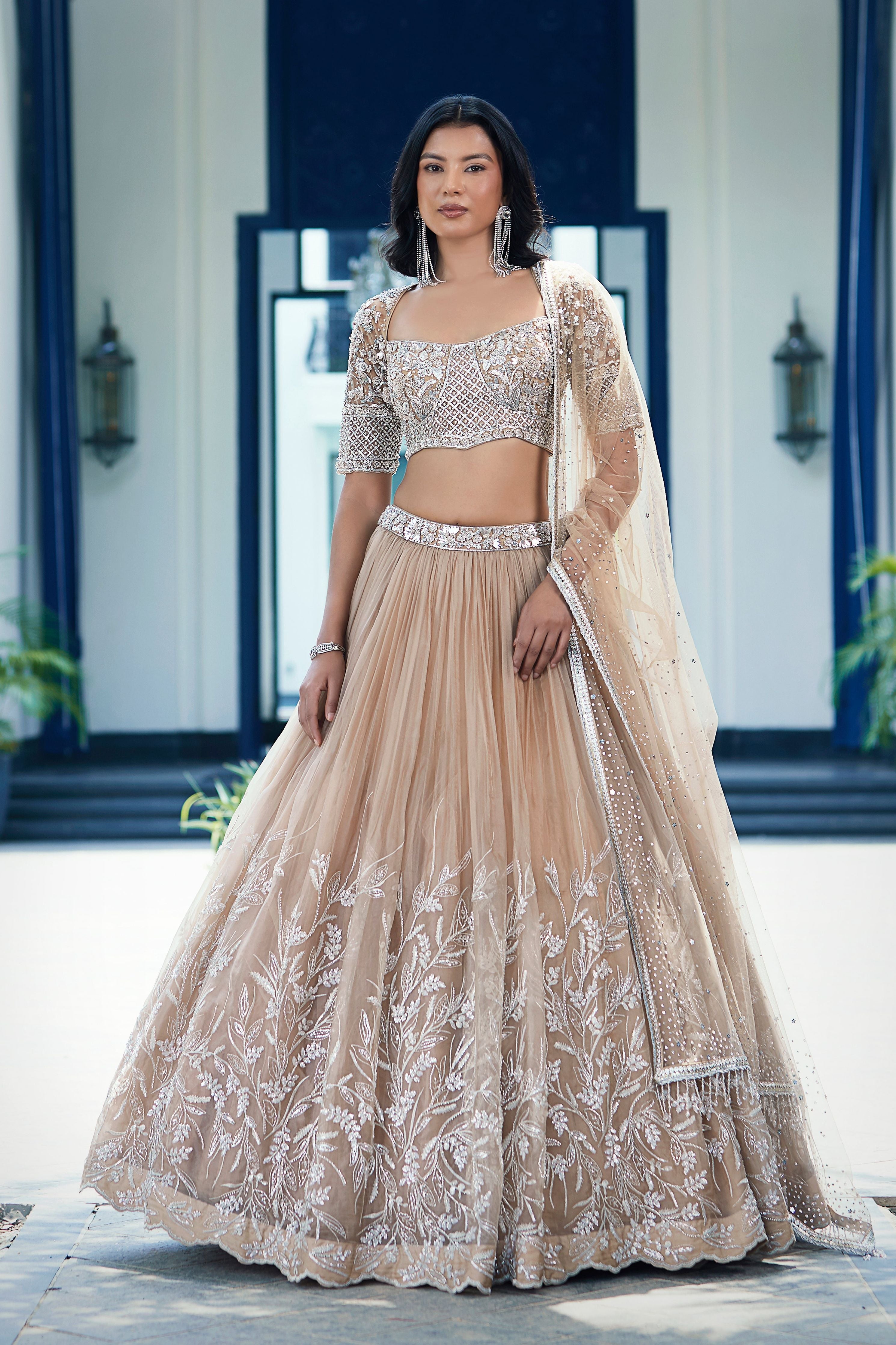 Beige Sequins Net Embroidered Lehenga Set - Mokshaa