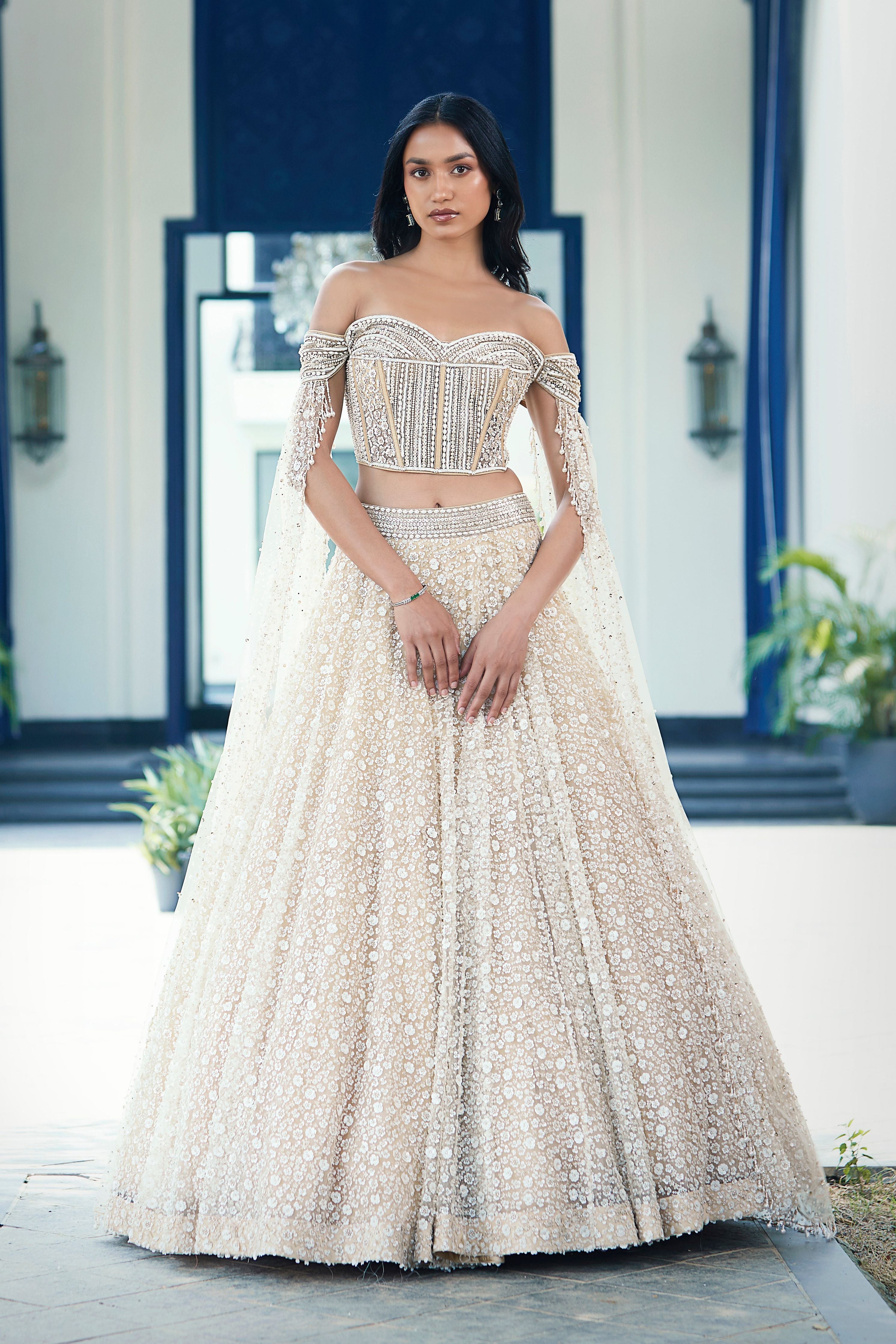 Beige Sequins Net Embroidered Lehenga Set - Mokshaa