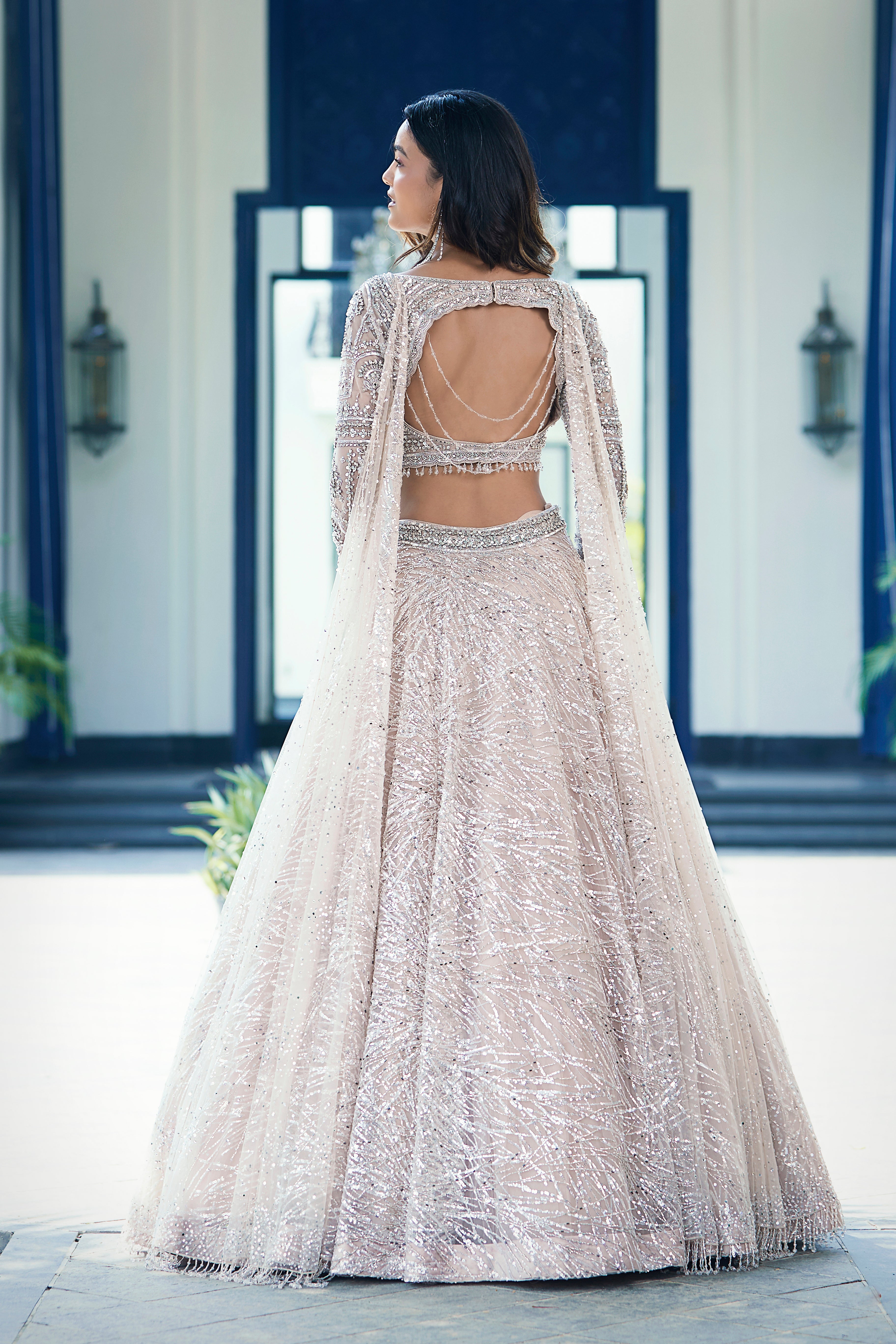 Ivory Embroidered Net Lehenga Set - Mokshaa