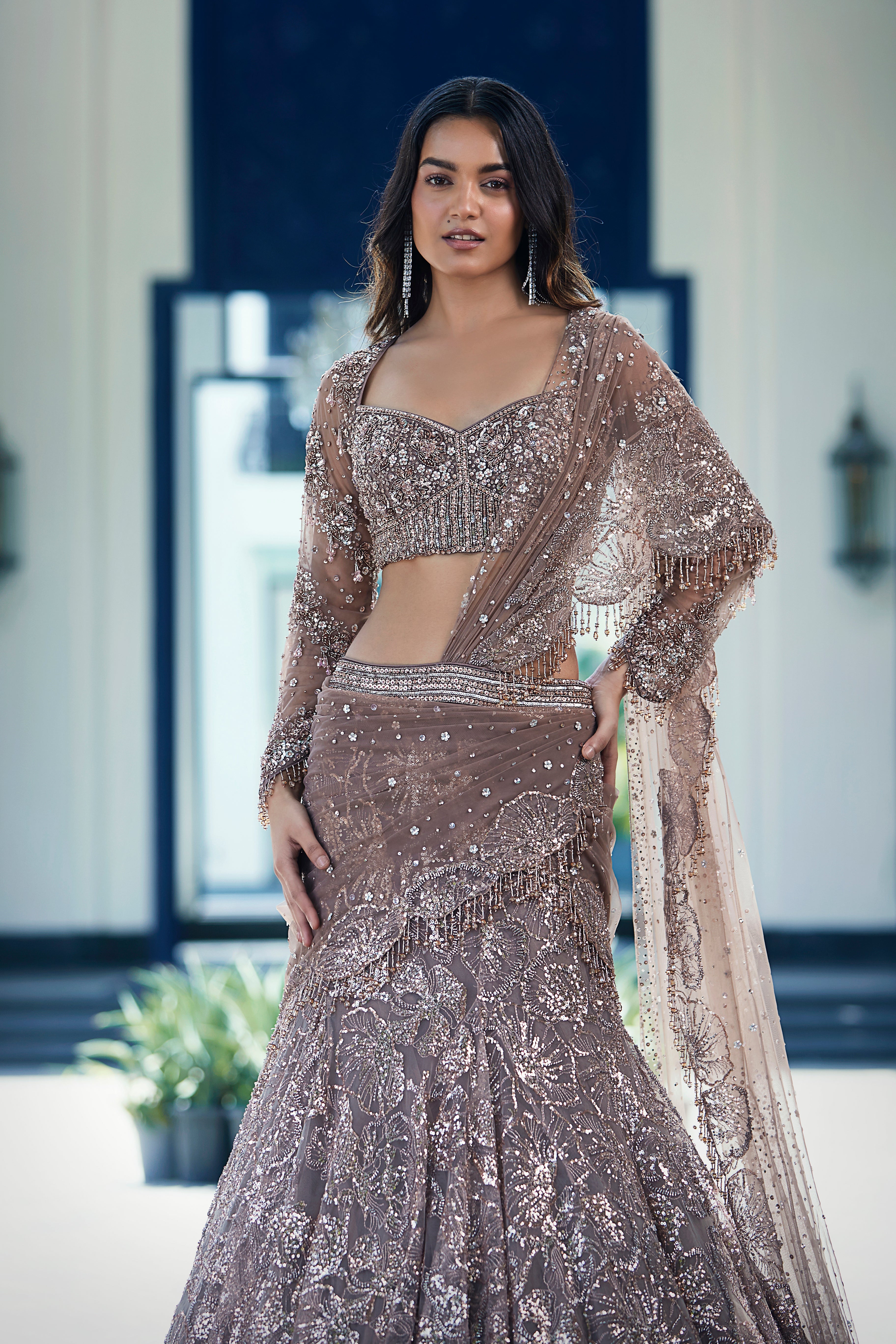 Rose Gold Net Embroidered Lehenga Set - Mokshaa