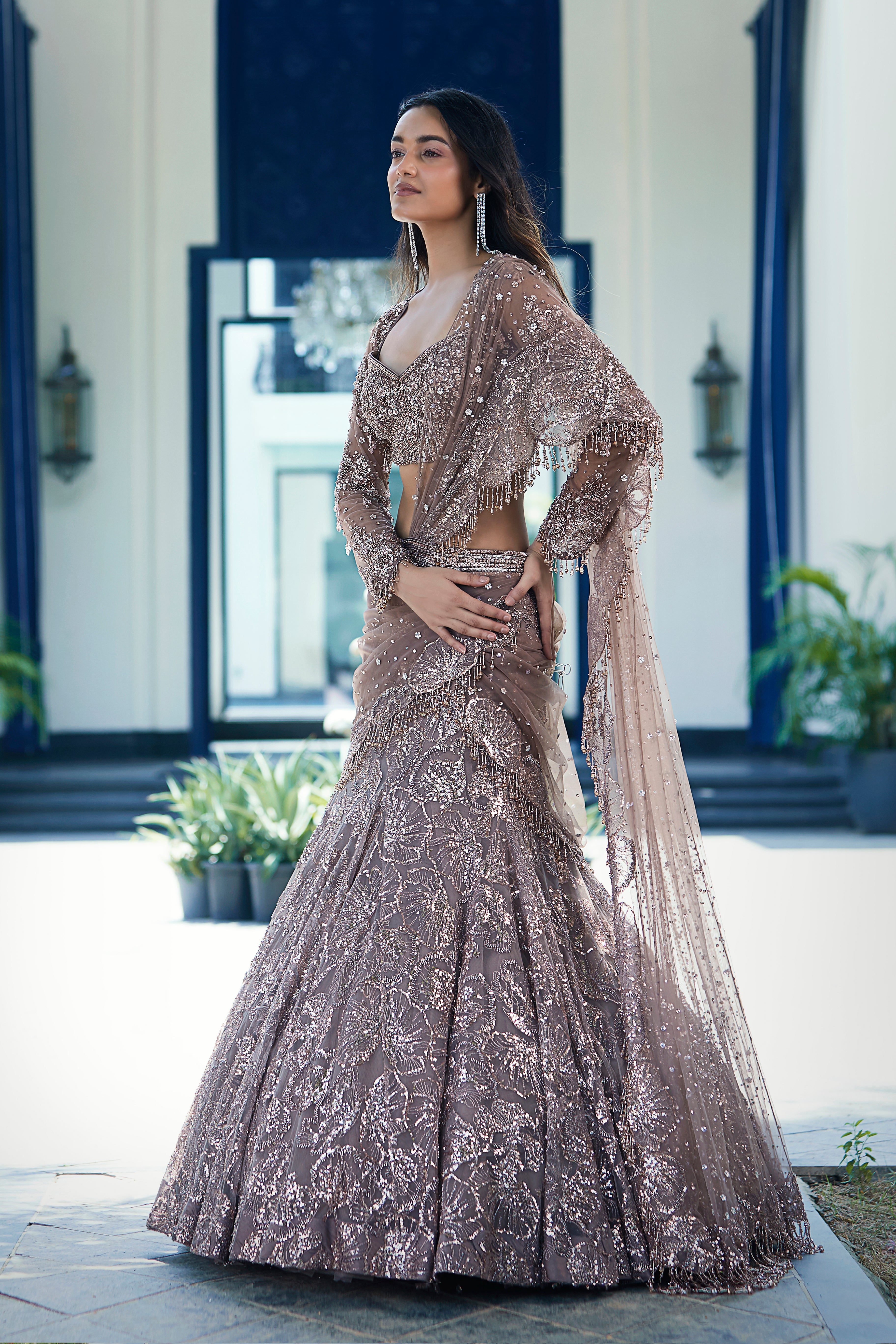 Rose Gold Net Embroidered Lehenga Set - Mokshaa