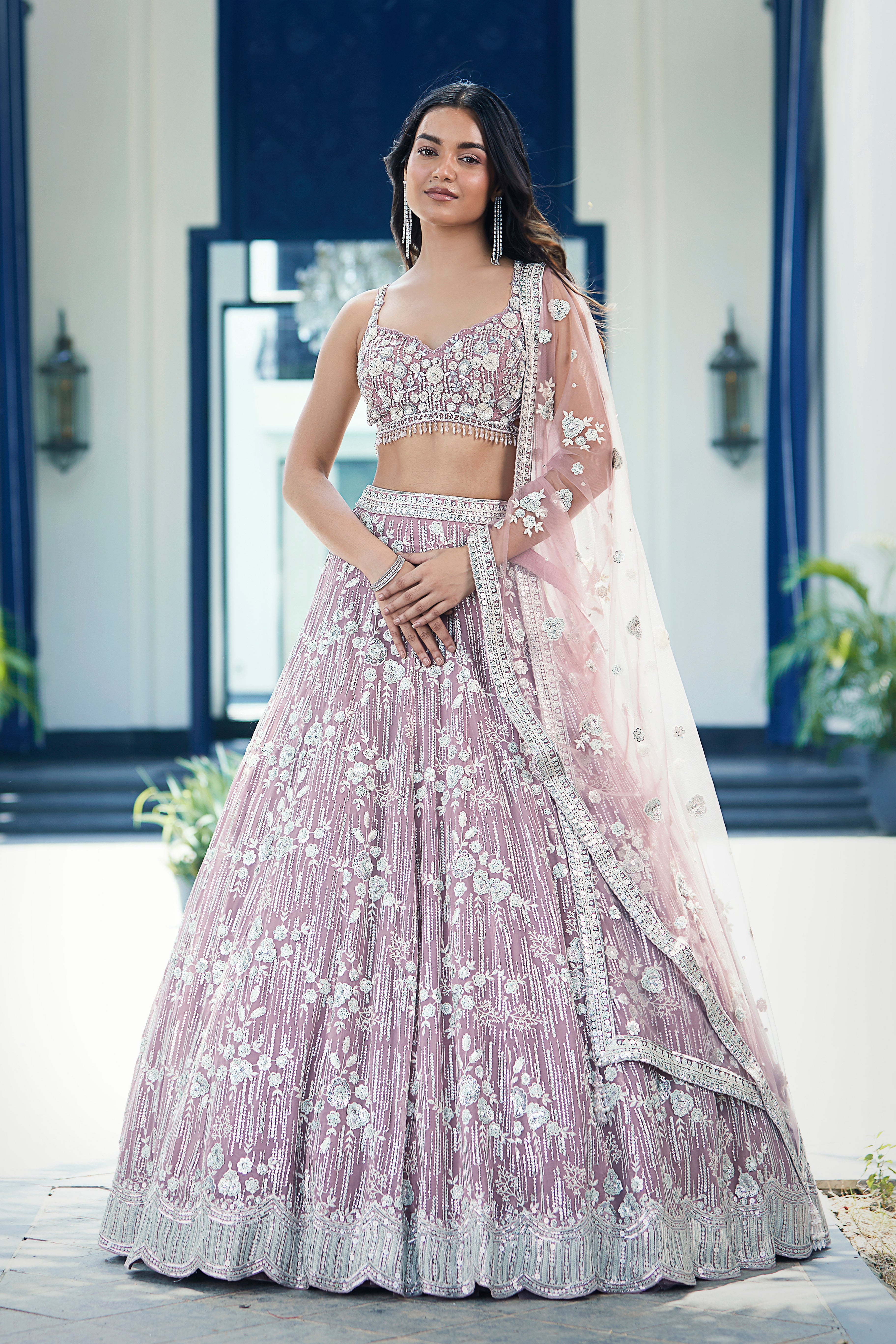 Mauve Organza Embroidered Lehenga Set - Mokshaa