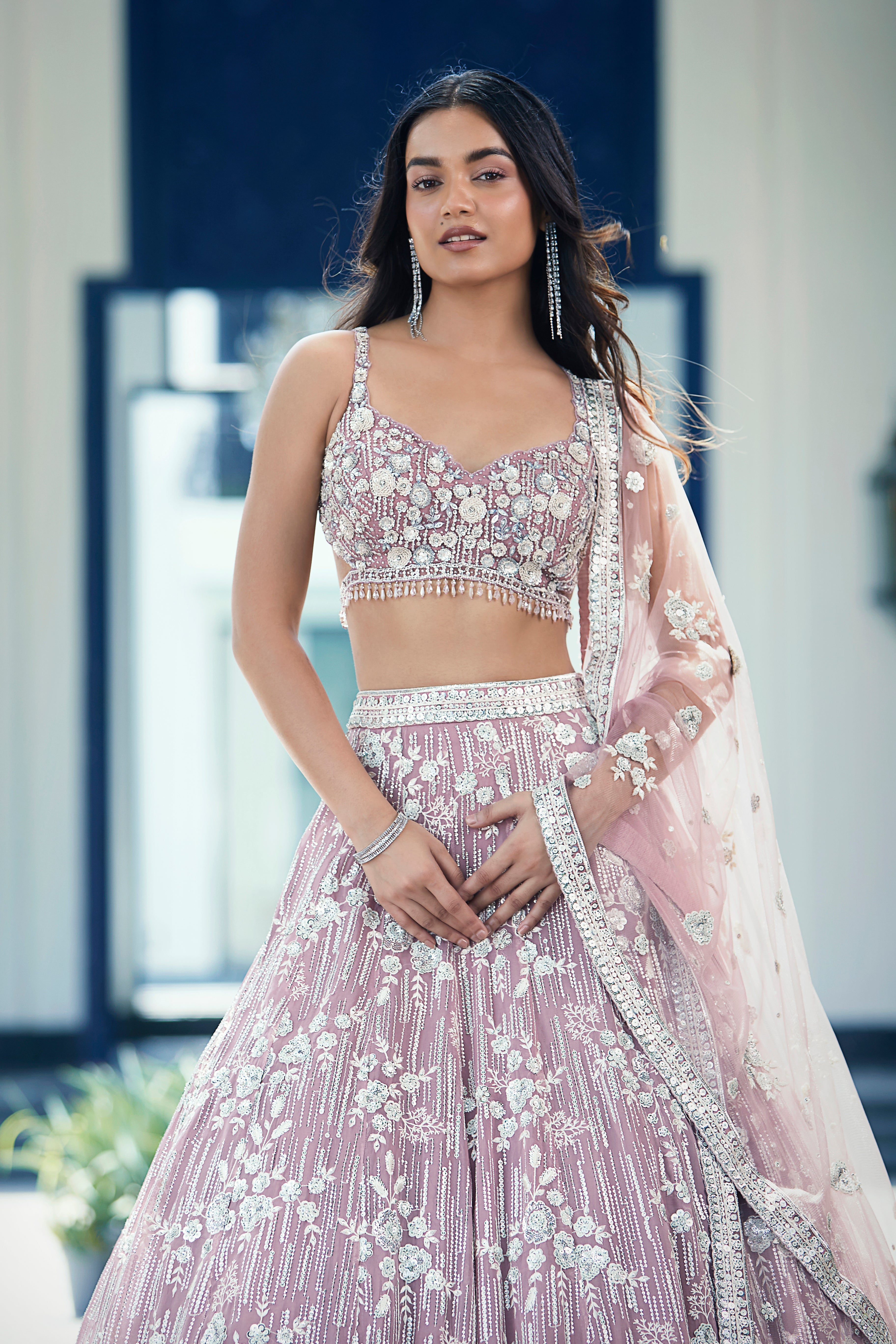 Mauve Organza Embroidered Lehenga Set - Mokshaa