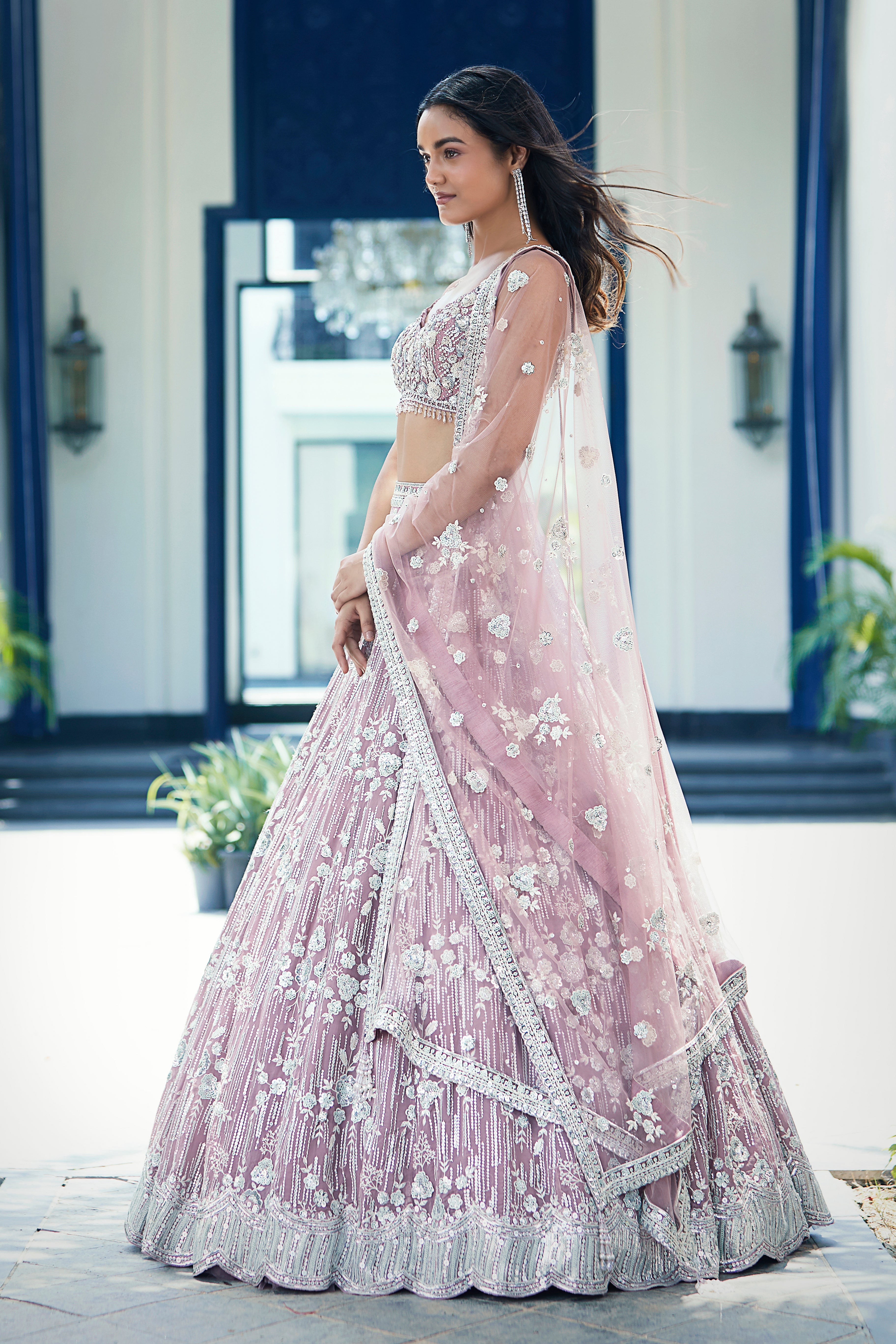 Mauve Organza Embroidered Lehenga Set - Mokshaa