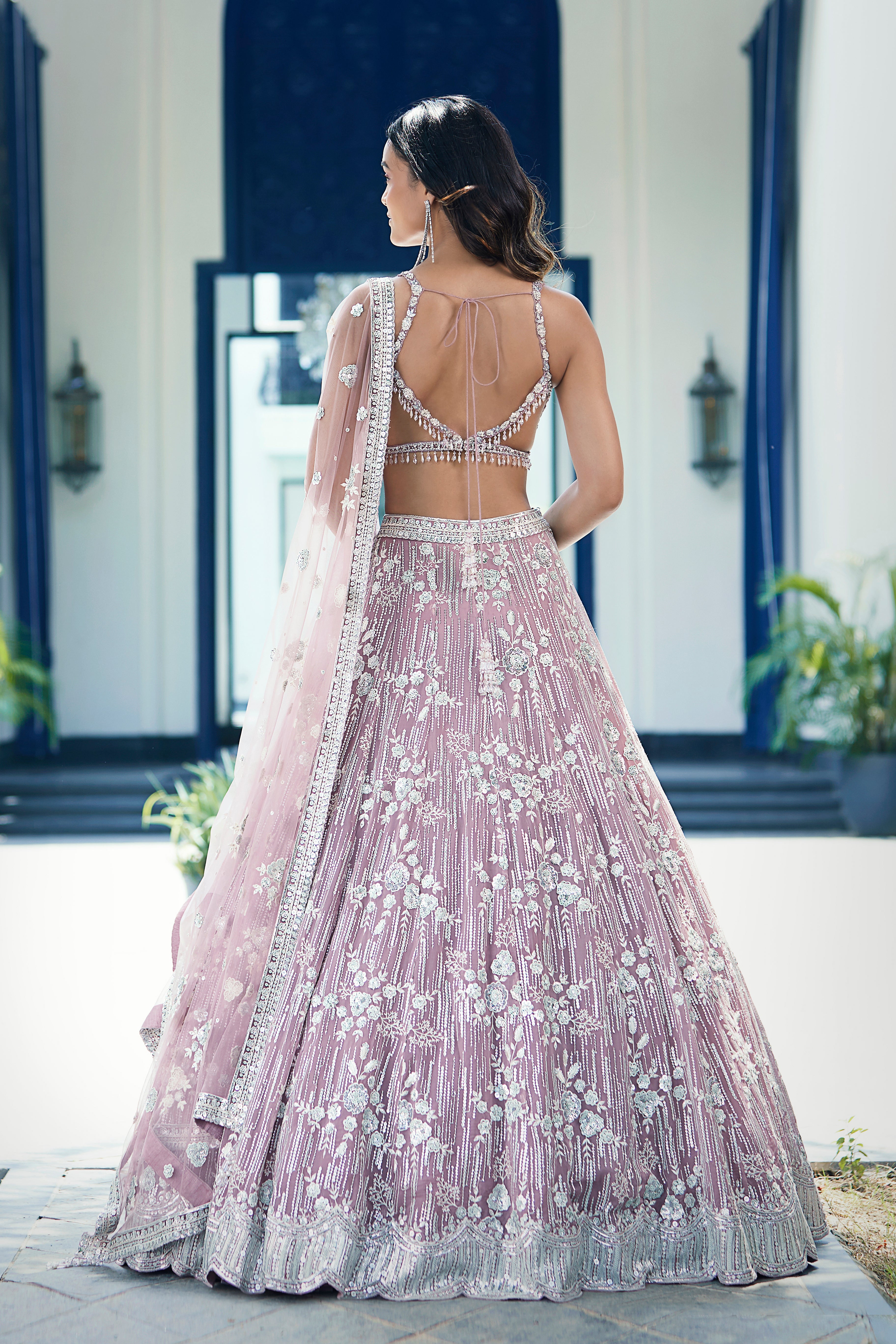 Mauve Organza Embroidered Lehenga Set - Mokshaa