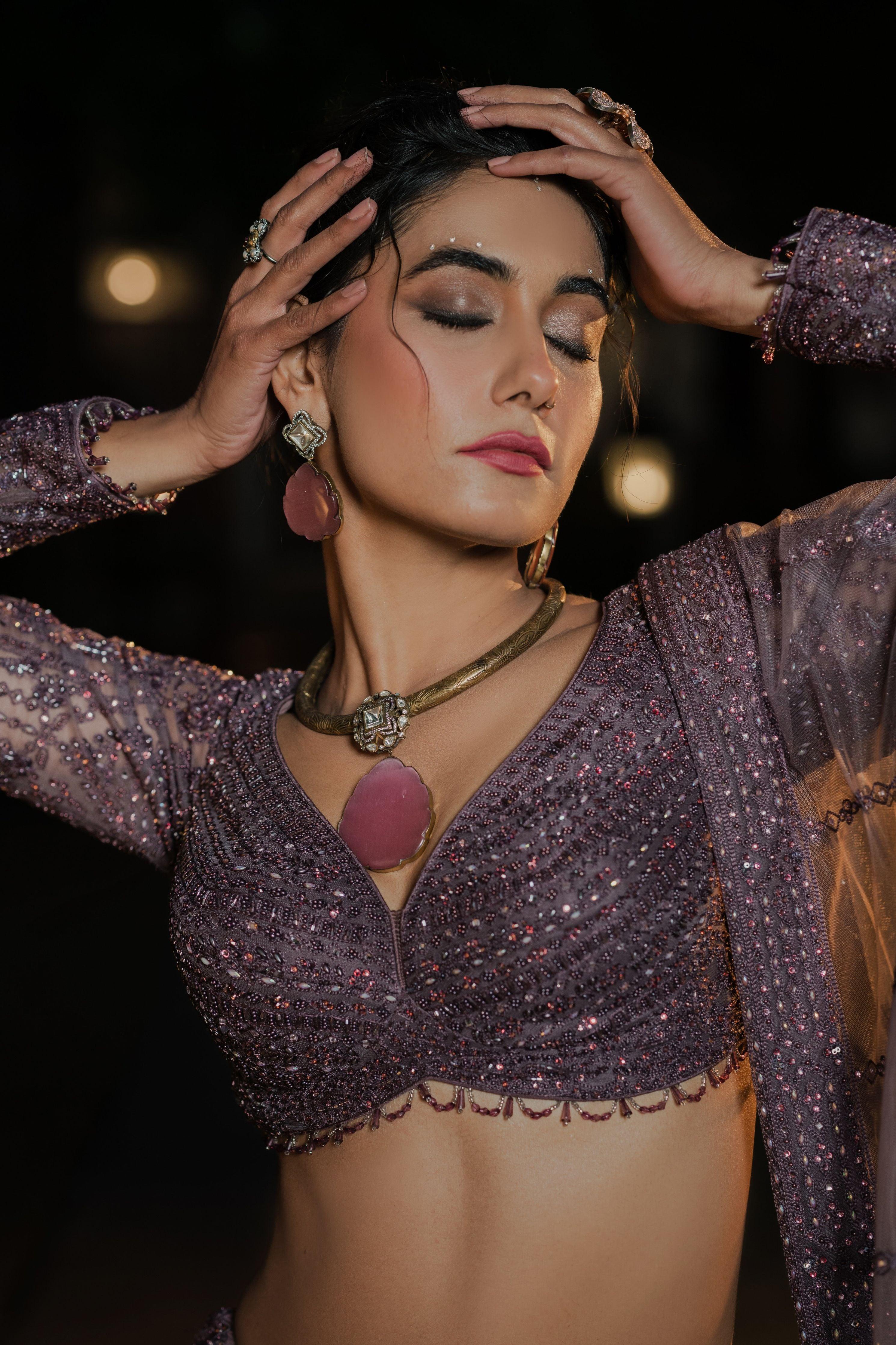 Plum Net Lehenga with Sequin Embellishment  Mokshaa