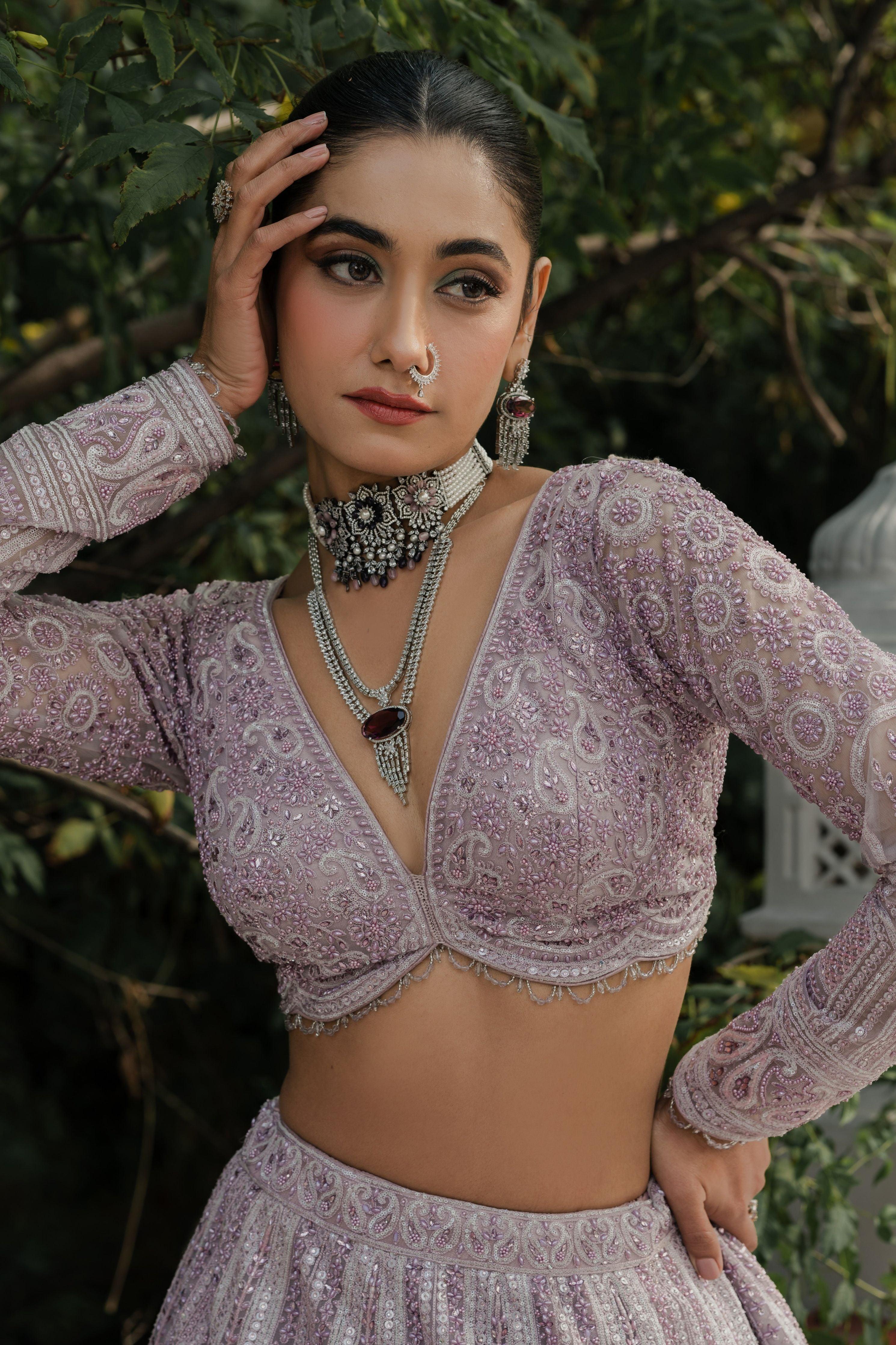 Lilac Net Lehenga with All-Over Sequin & Thread Embroidery - Mokshaa