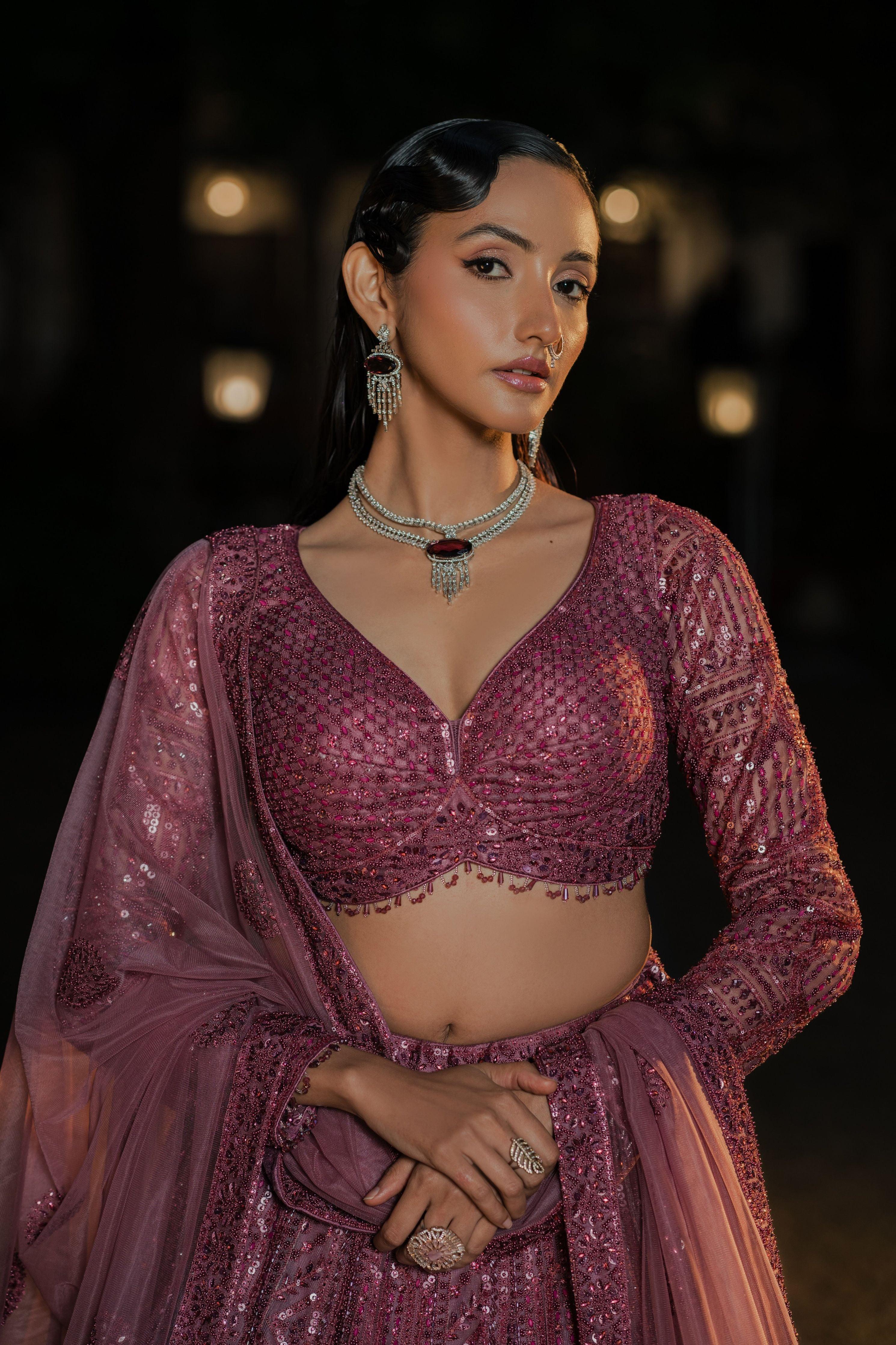 Mulberry Net Lehenga with Sequin and Thread Embroidery  Mokshaa