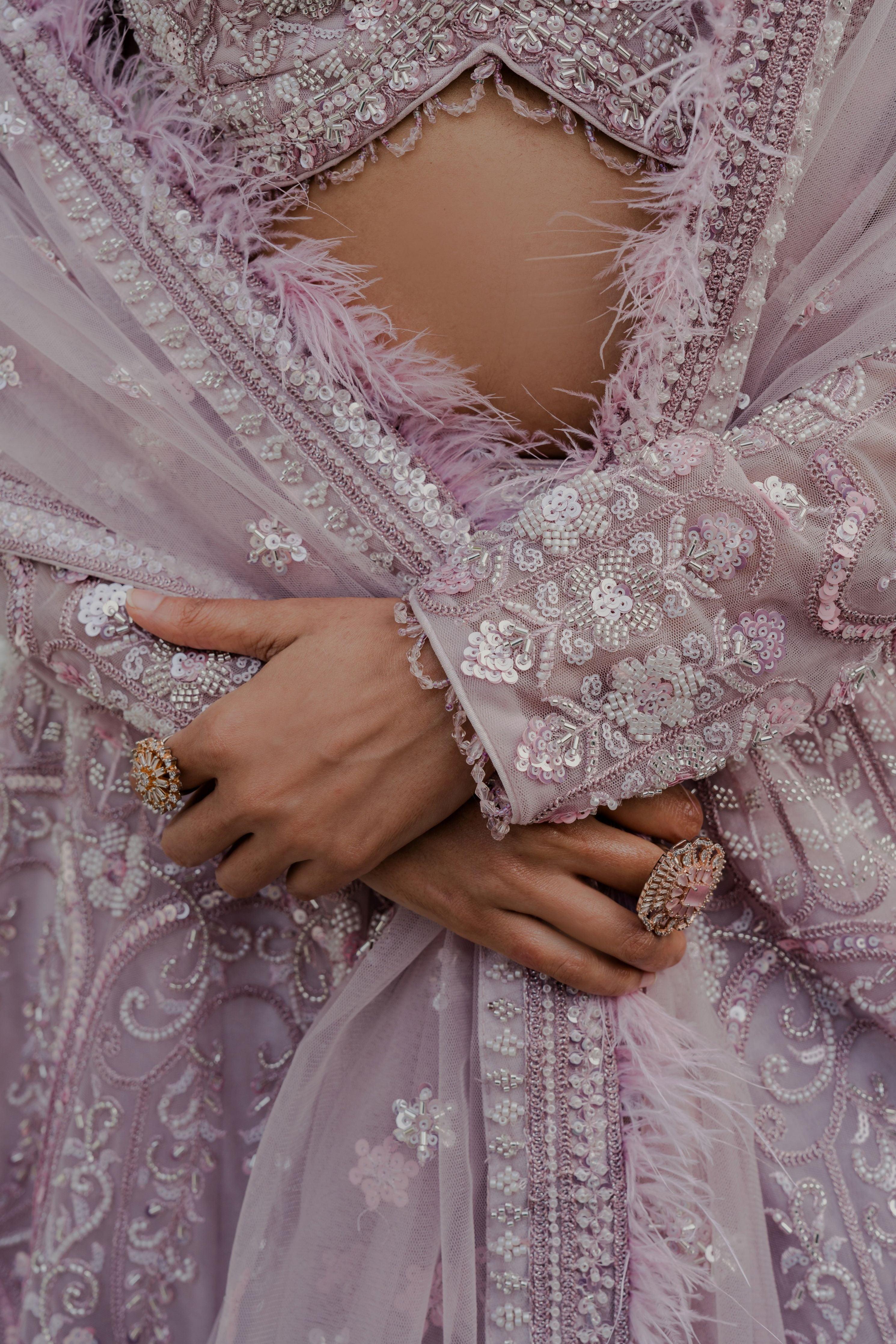 Lilac Net Lehenga with Feather-Trimmed Dupatta & Sequin Embroidery  Mokshaa