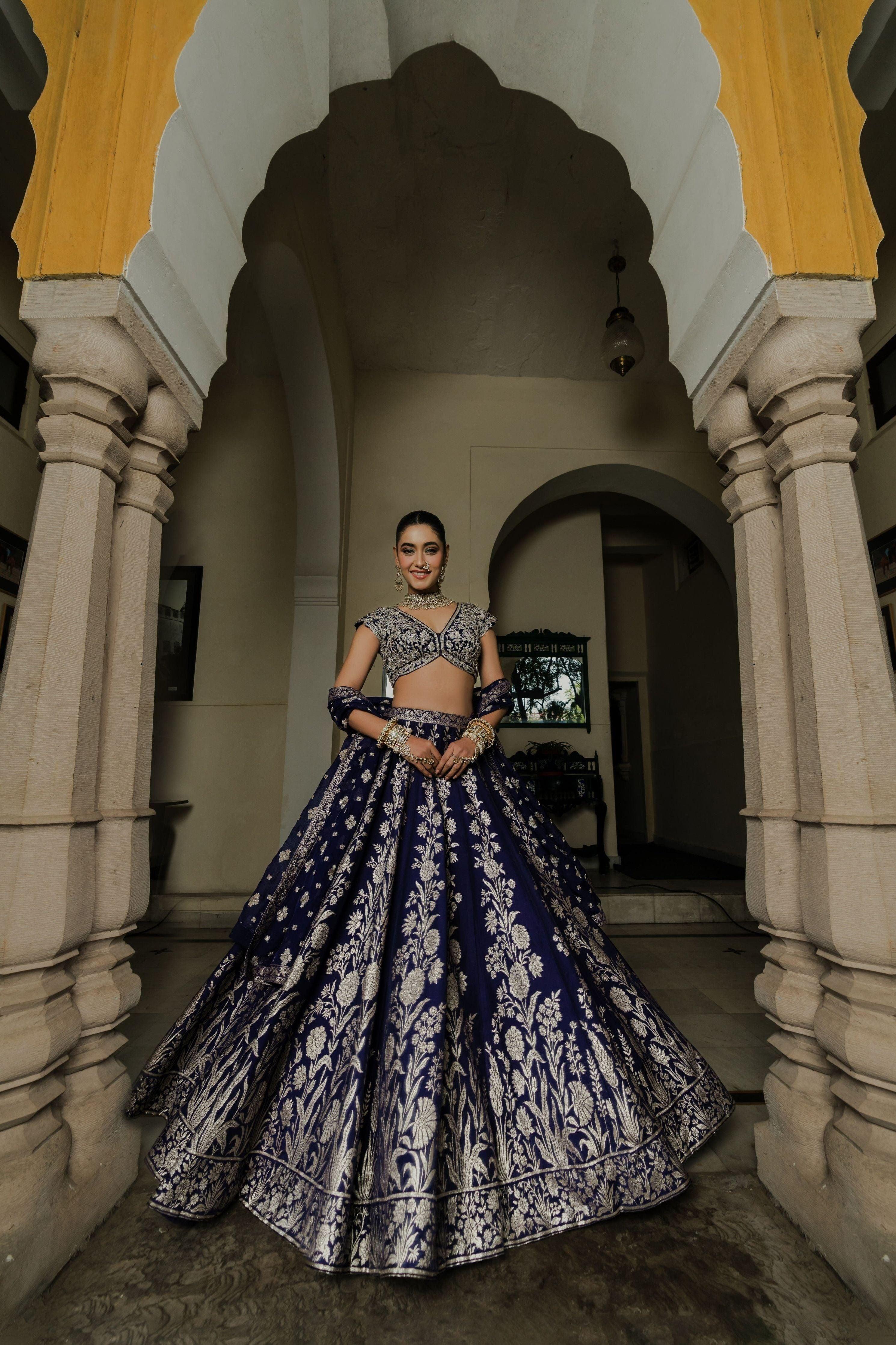 Dark Navy Blue Silk Lehenga Set with Silver Zari Embroidery  Mokshaa